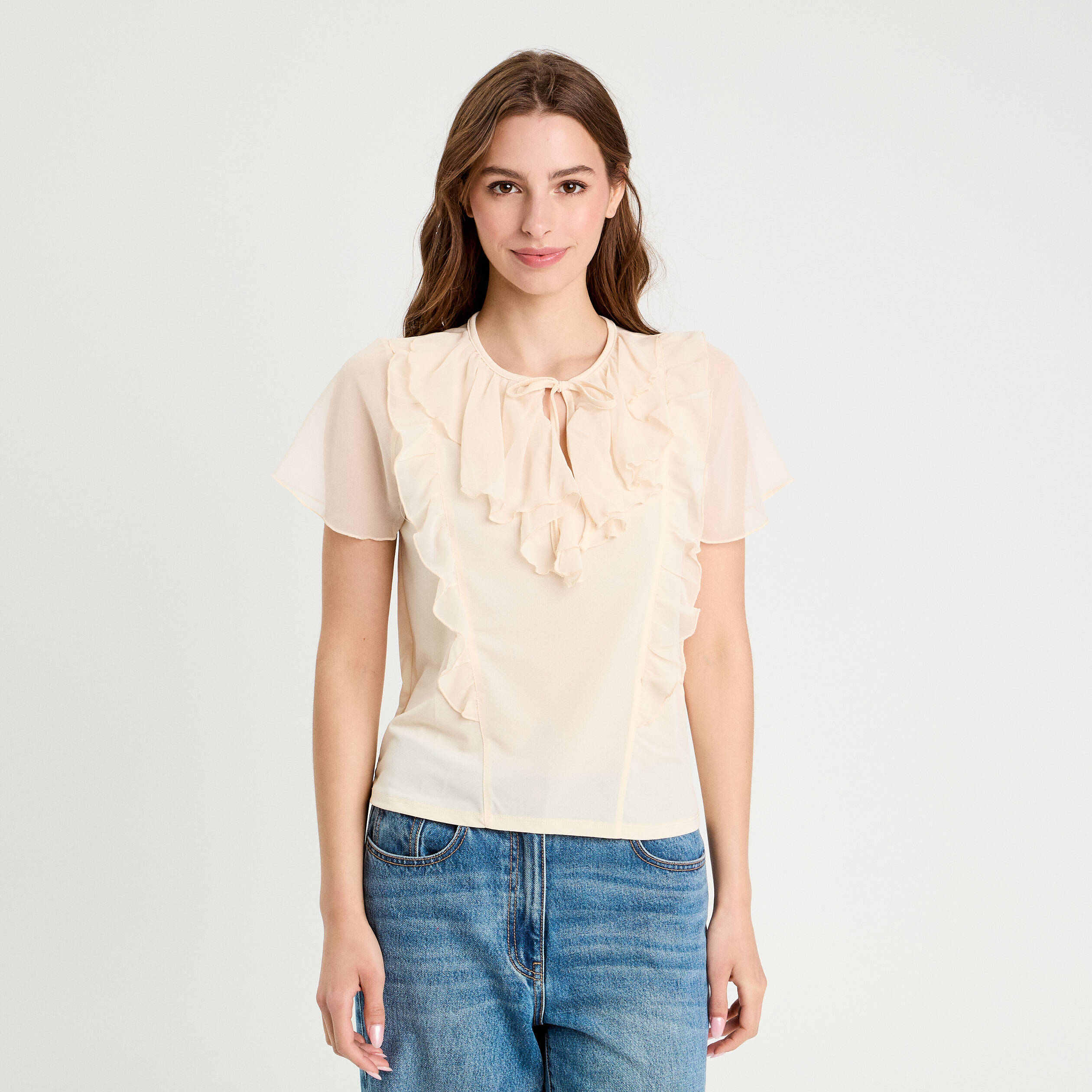 Blouse volants ecru femme