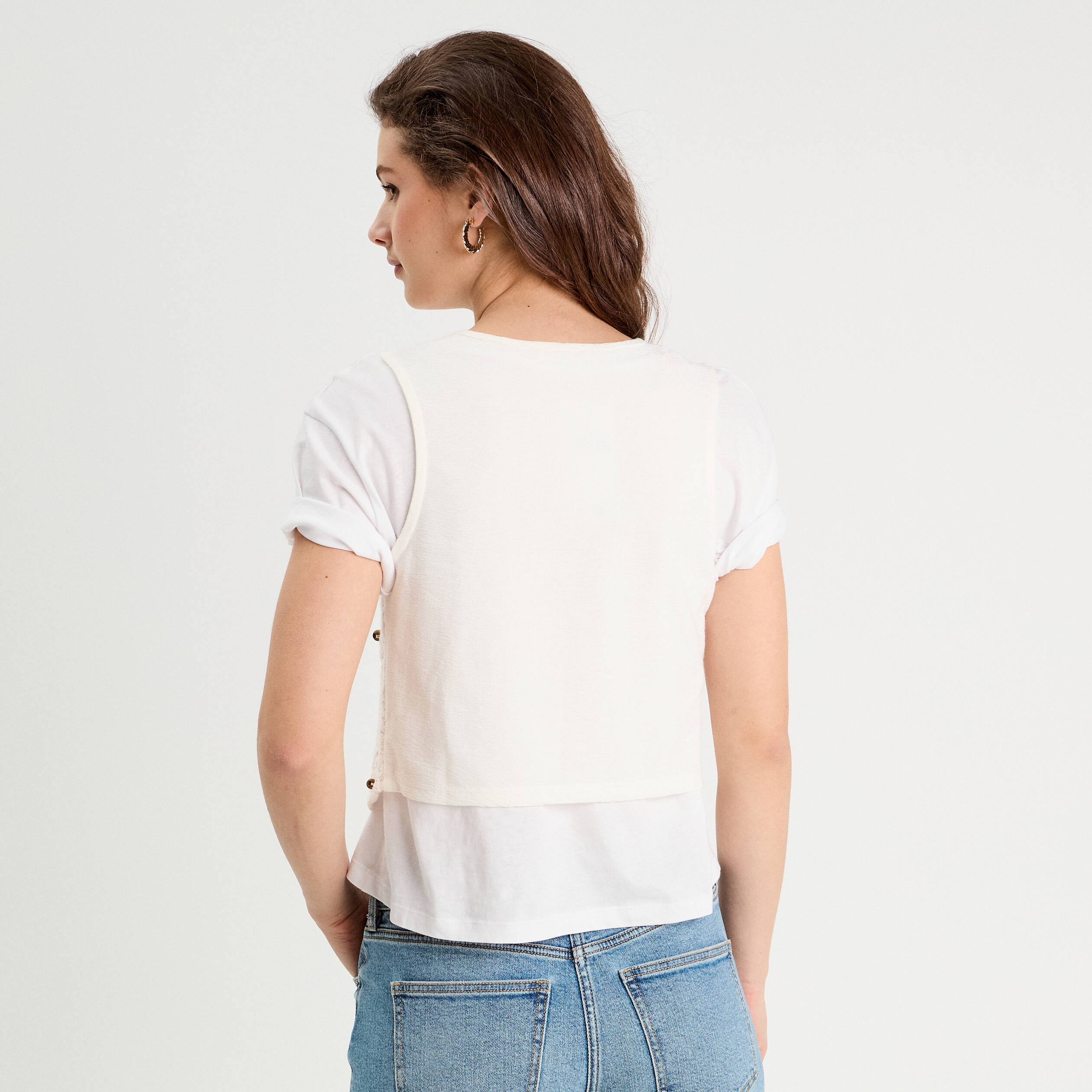 Gilet nou&eacute; effet crochet ecru femme