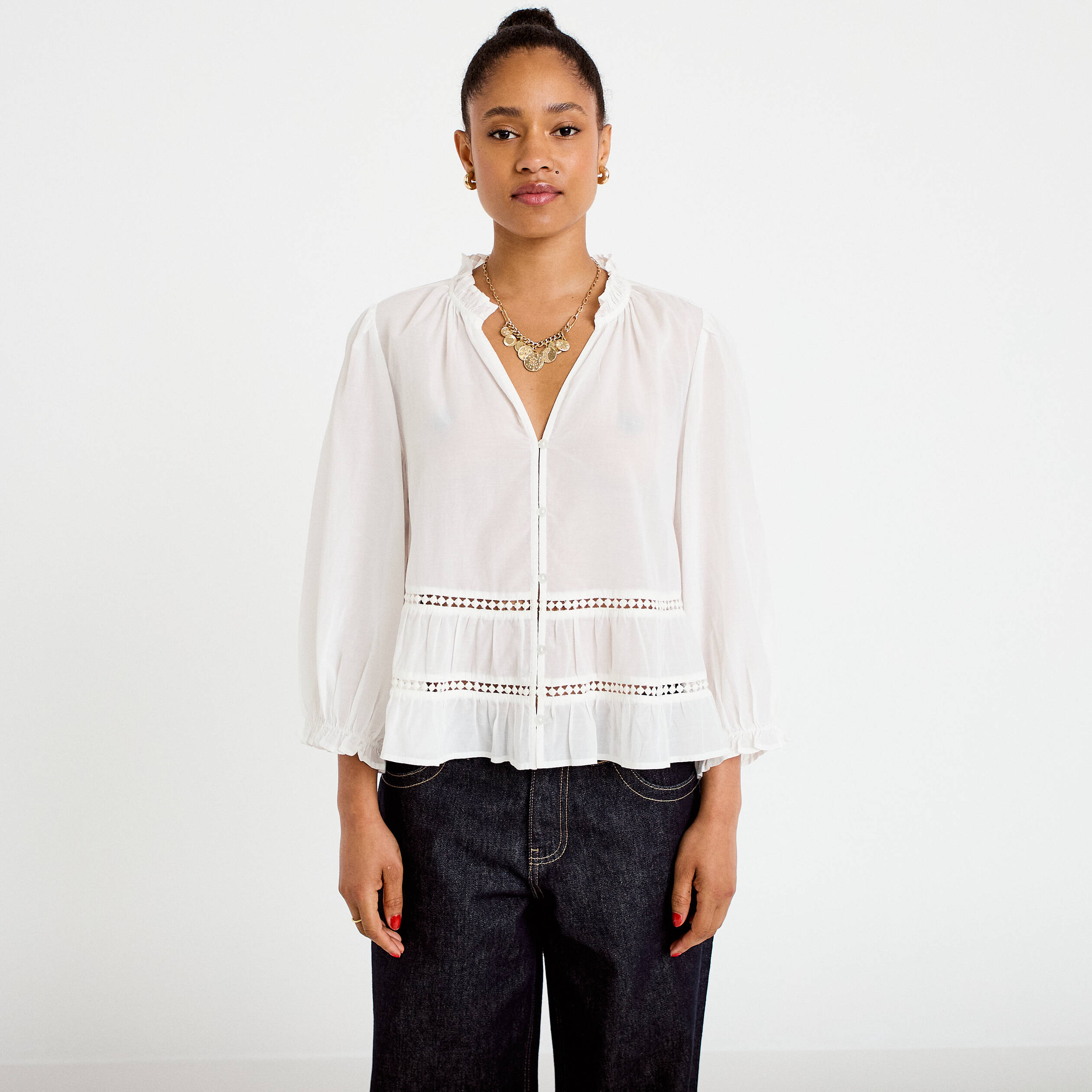 Blouse cintr&eacute;e col v manches 3/4 ecru femme