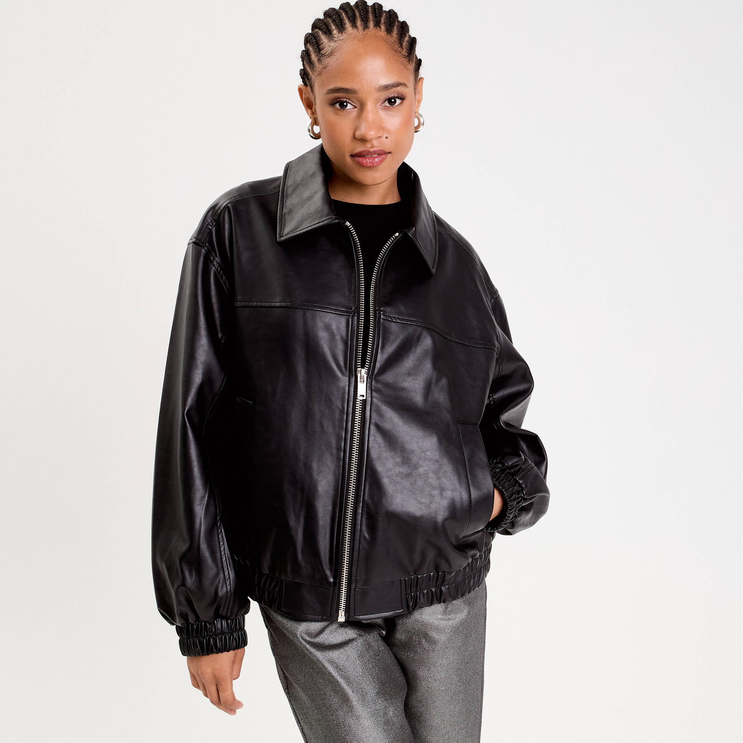 Bomber oversize similicuir col chemise noir femme Vibs