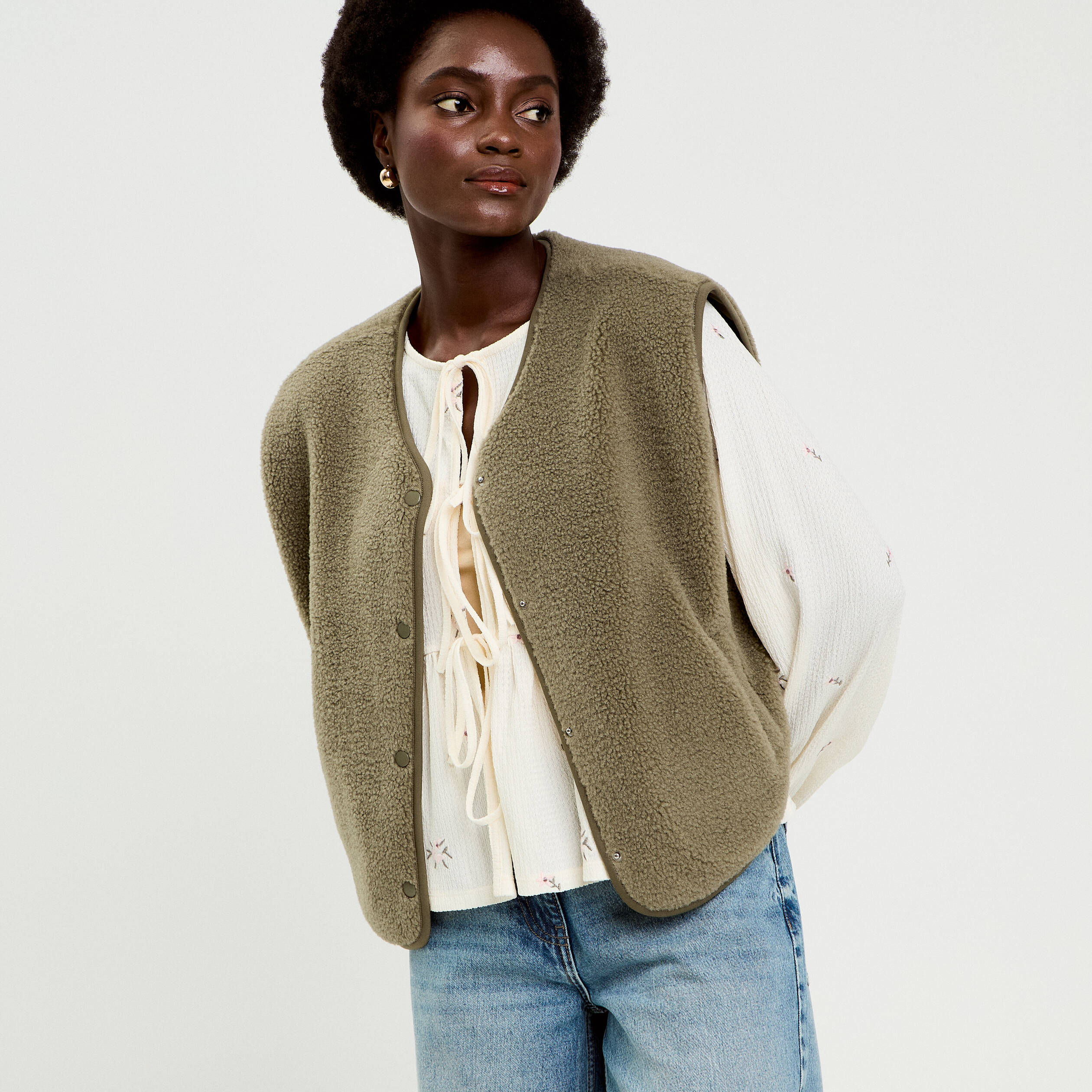 Gilet sans manches effet polaire vert kaki femme