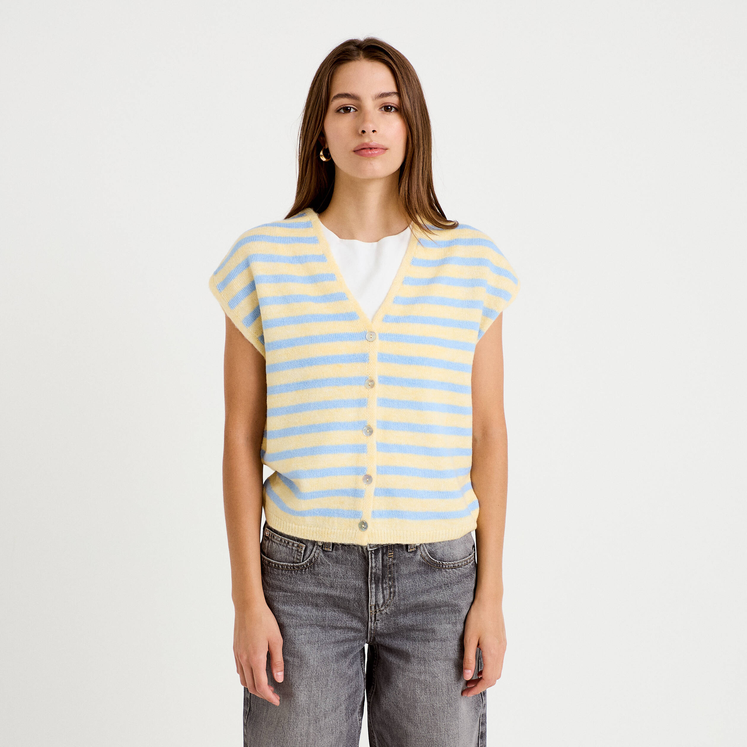 Gilet sans manches col v jaune femme