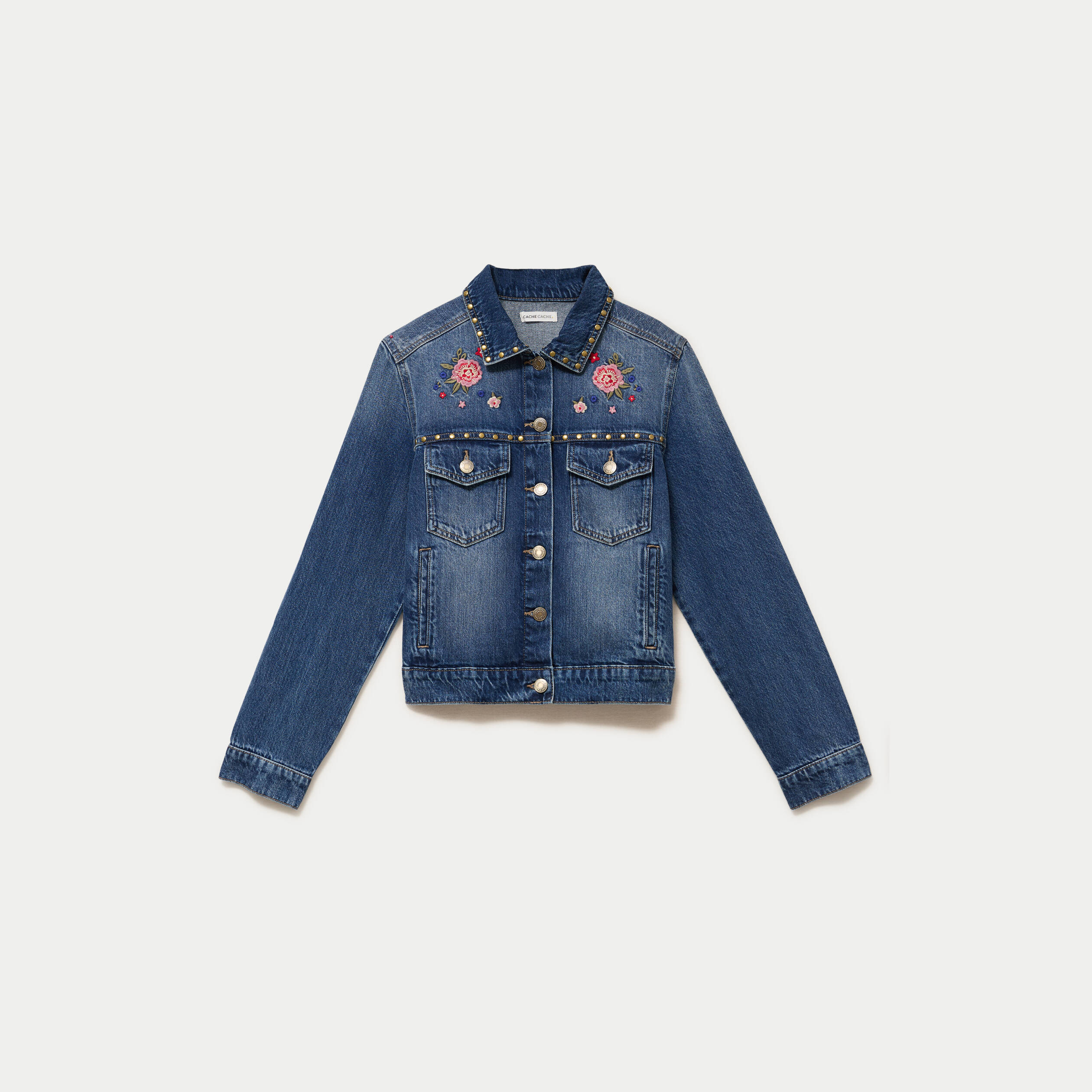 Veste en jean broderie d&eacute;tails clout&eacute;s denim double stone femme