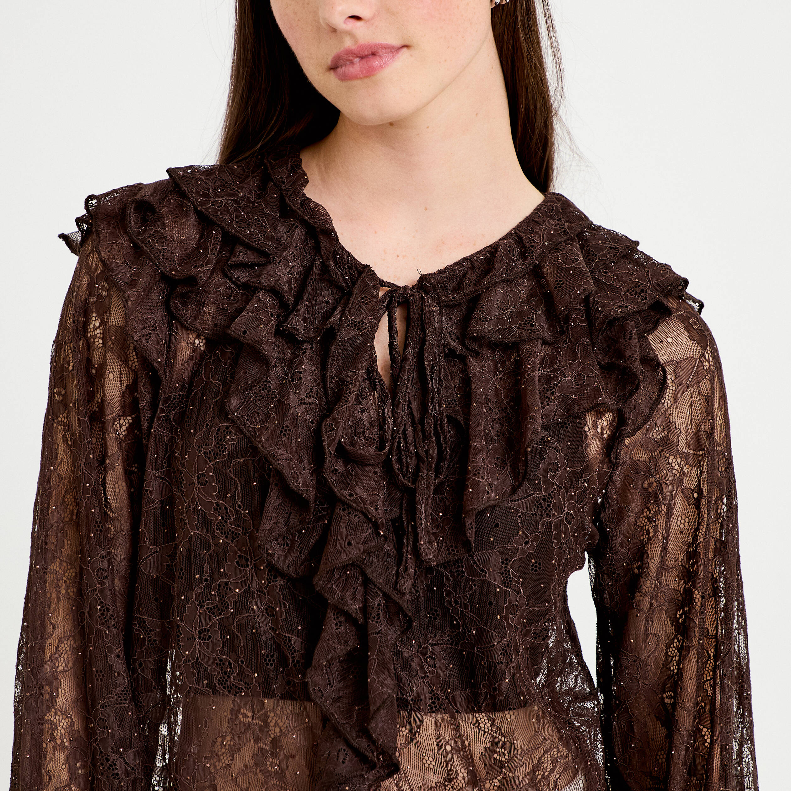 Blouse dentelle manches longues marron fonc&eacute; femme