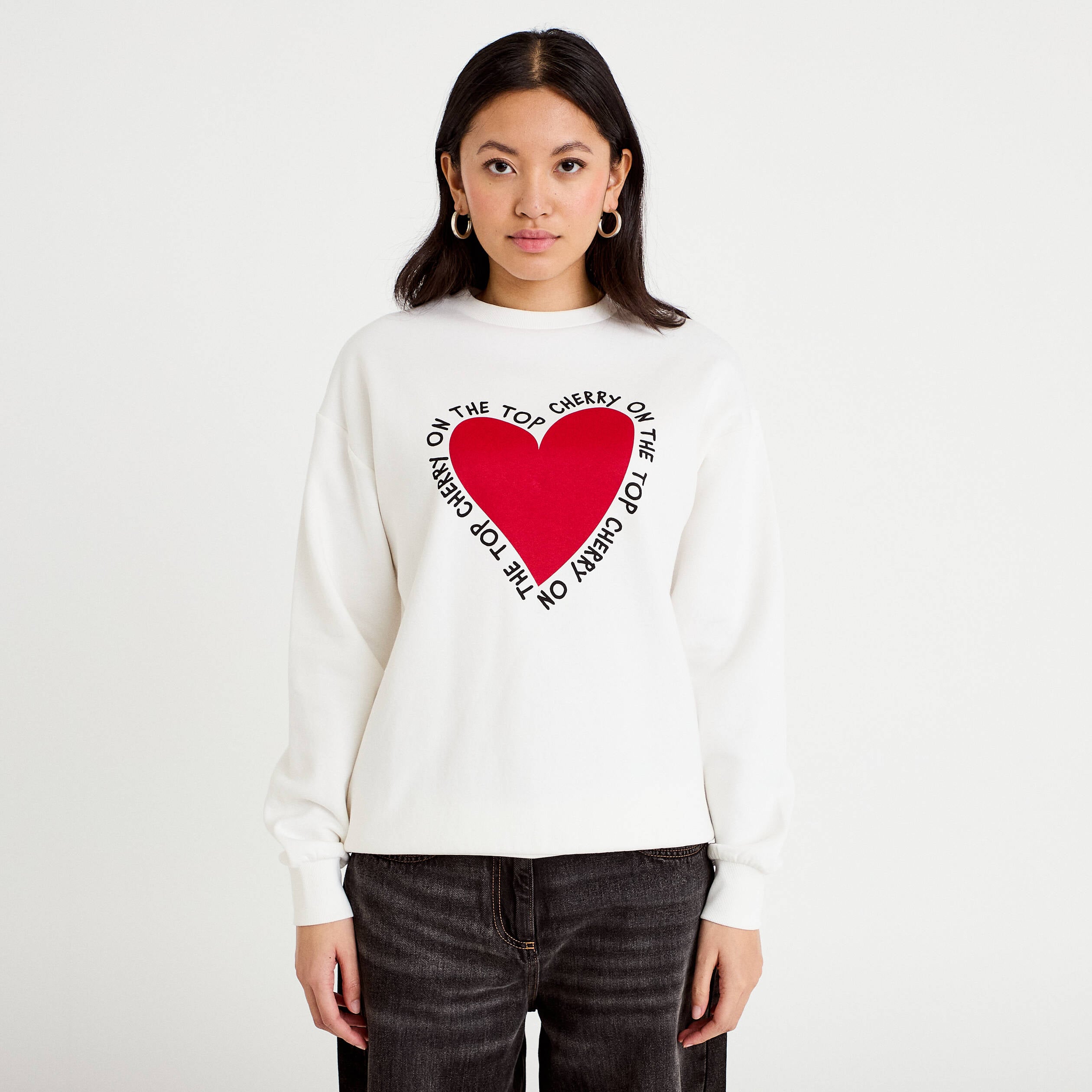 Sweat oversize long col rond ecru femme