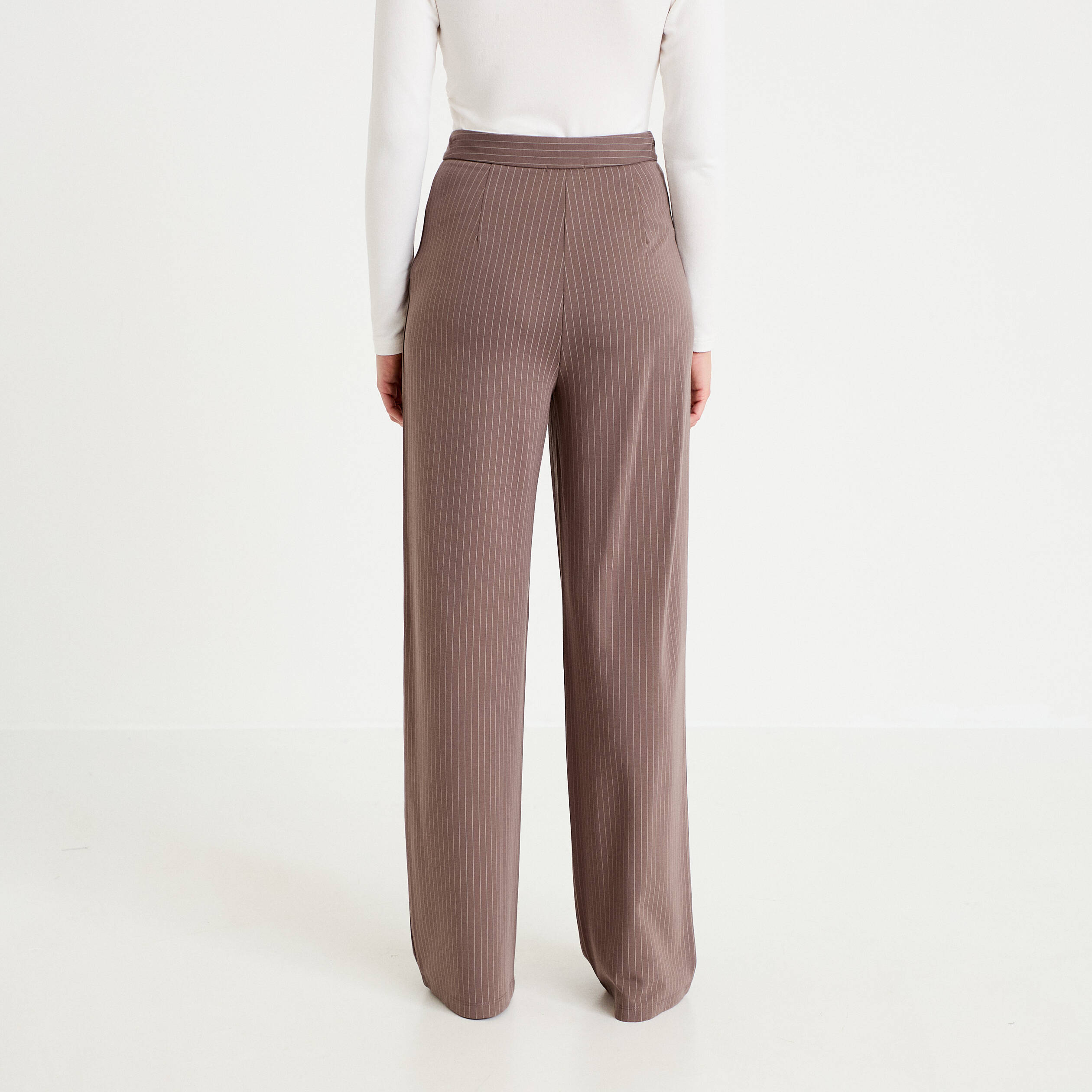 Pantalon large taille haute taupe femme
