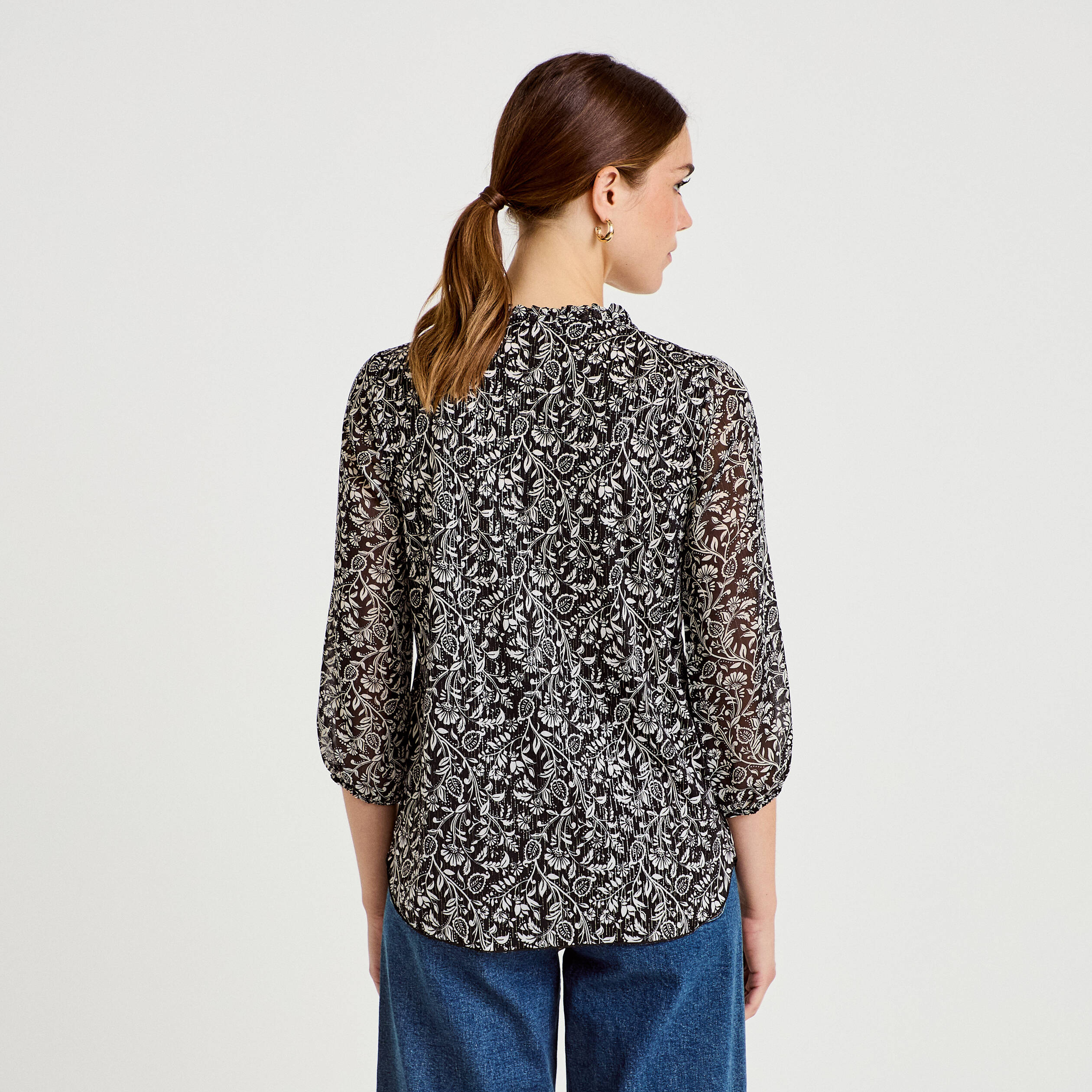 Blouse col v manches 3/4 noir femme