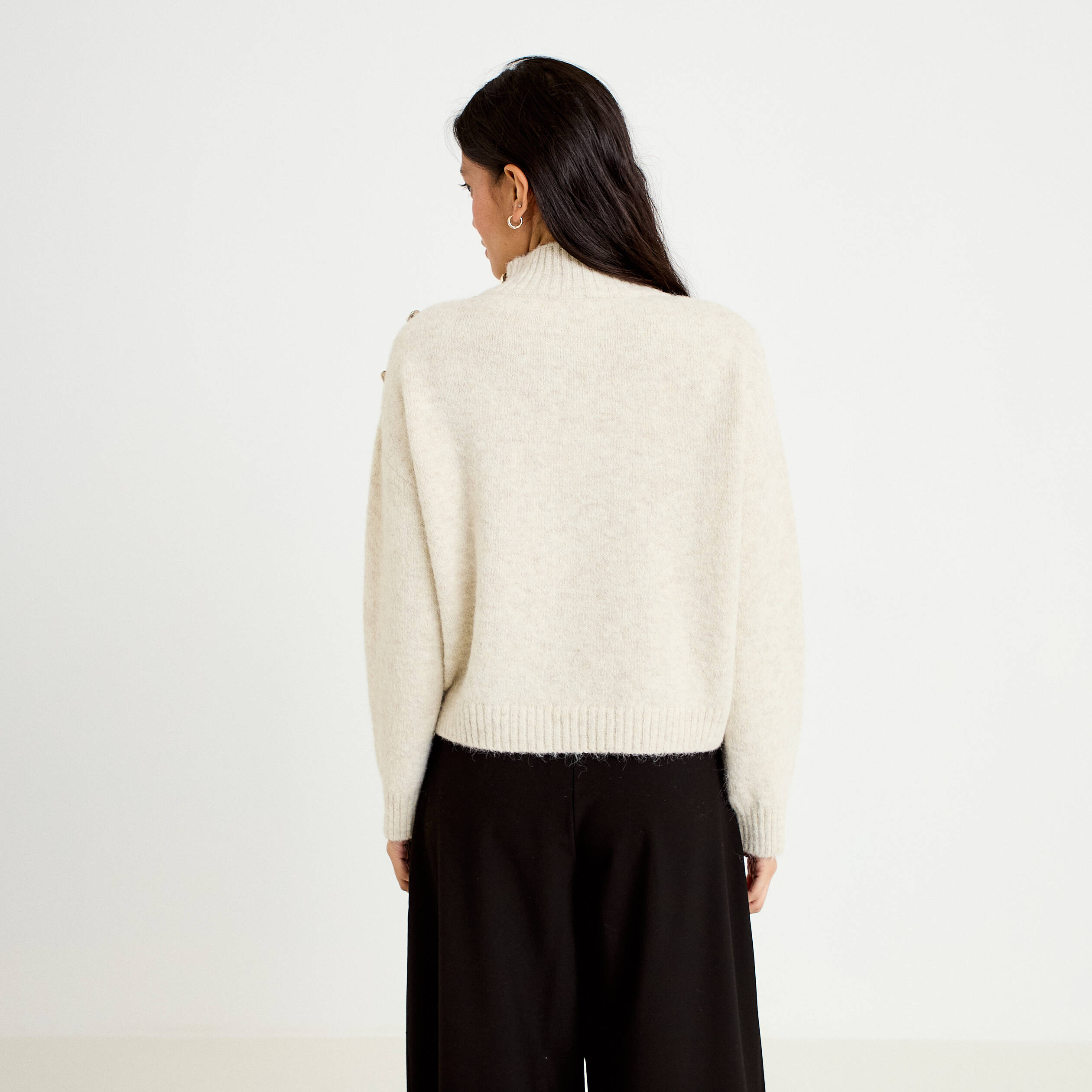 Pull col montant manches longues ivoire femme