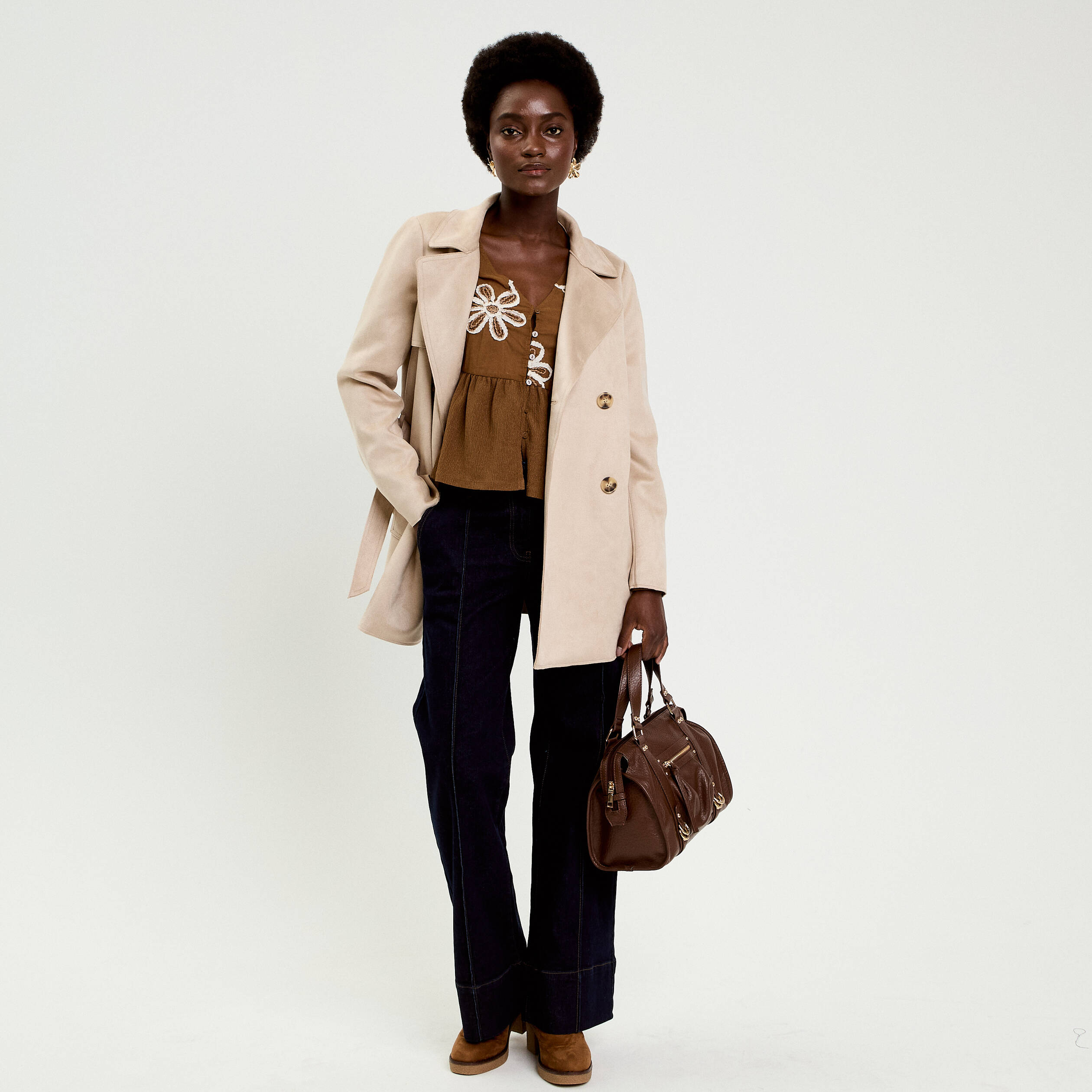 Blouse brod&eacute;e marron fonc&eacute; femme