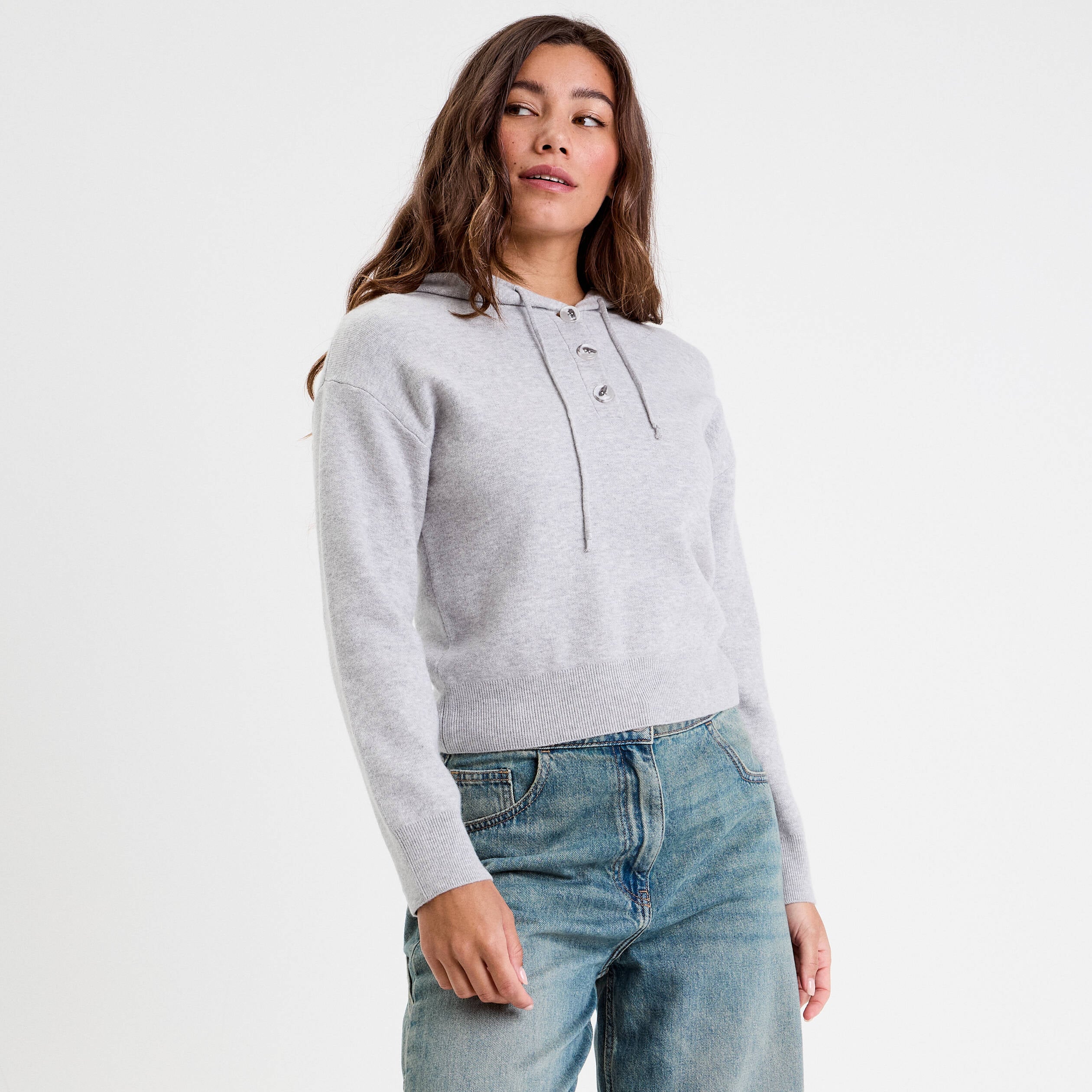 Pull &agrave; capuche manches longues gris clair femme