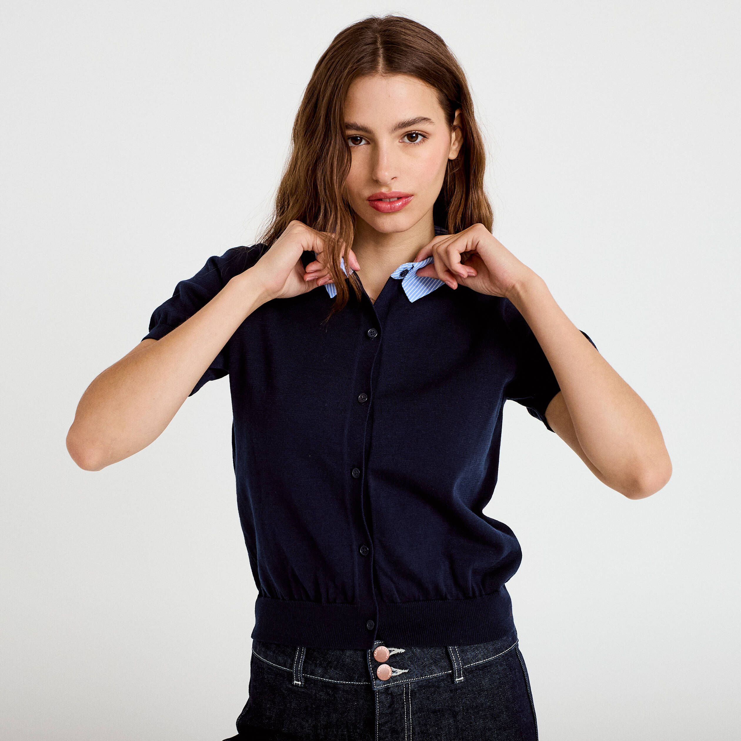 Polo col chemise manches courtes bleu marine femme