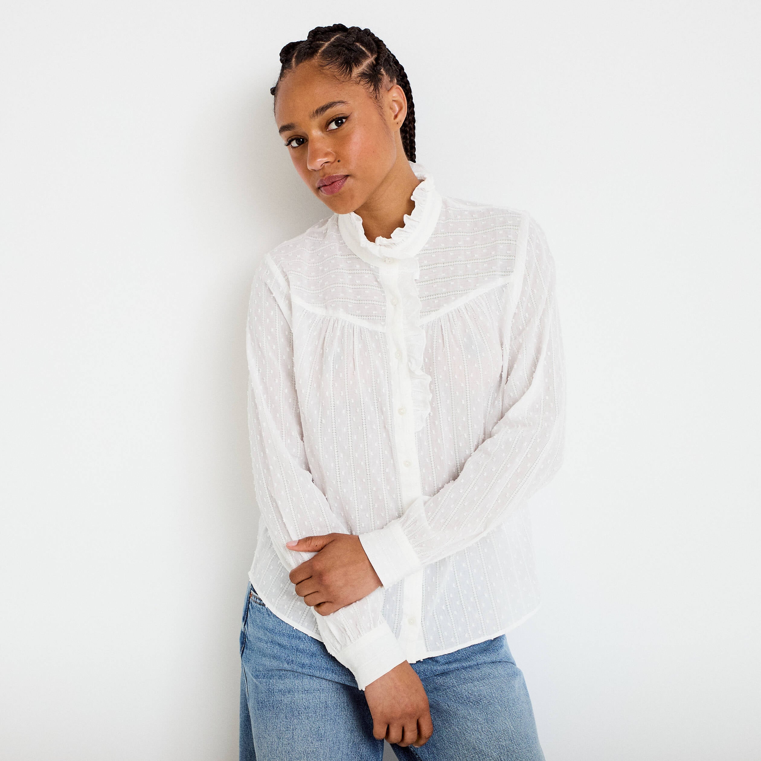 Chemise col montant manches longues ecru femme