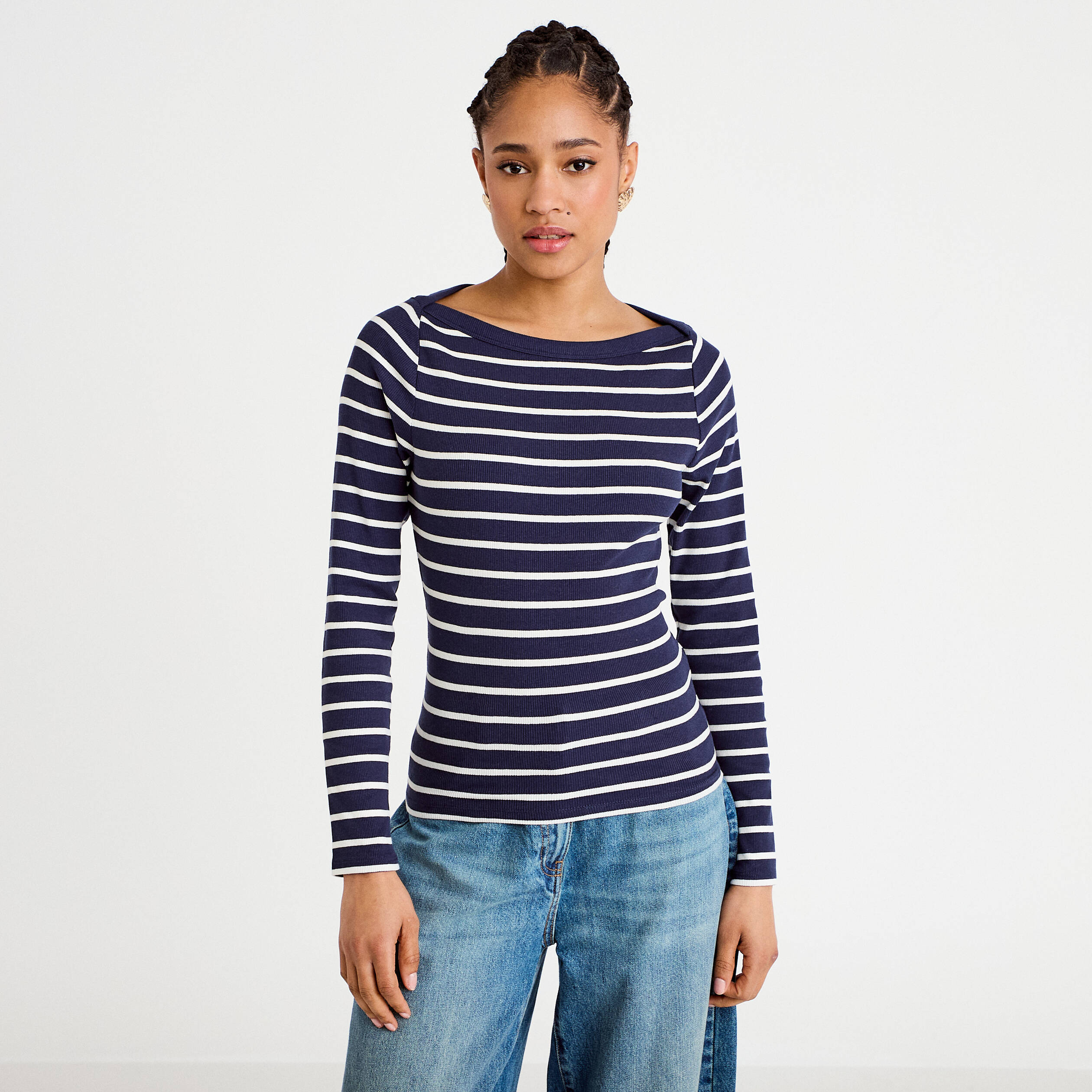 T-shirt col bateau bleu marine femme