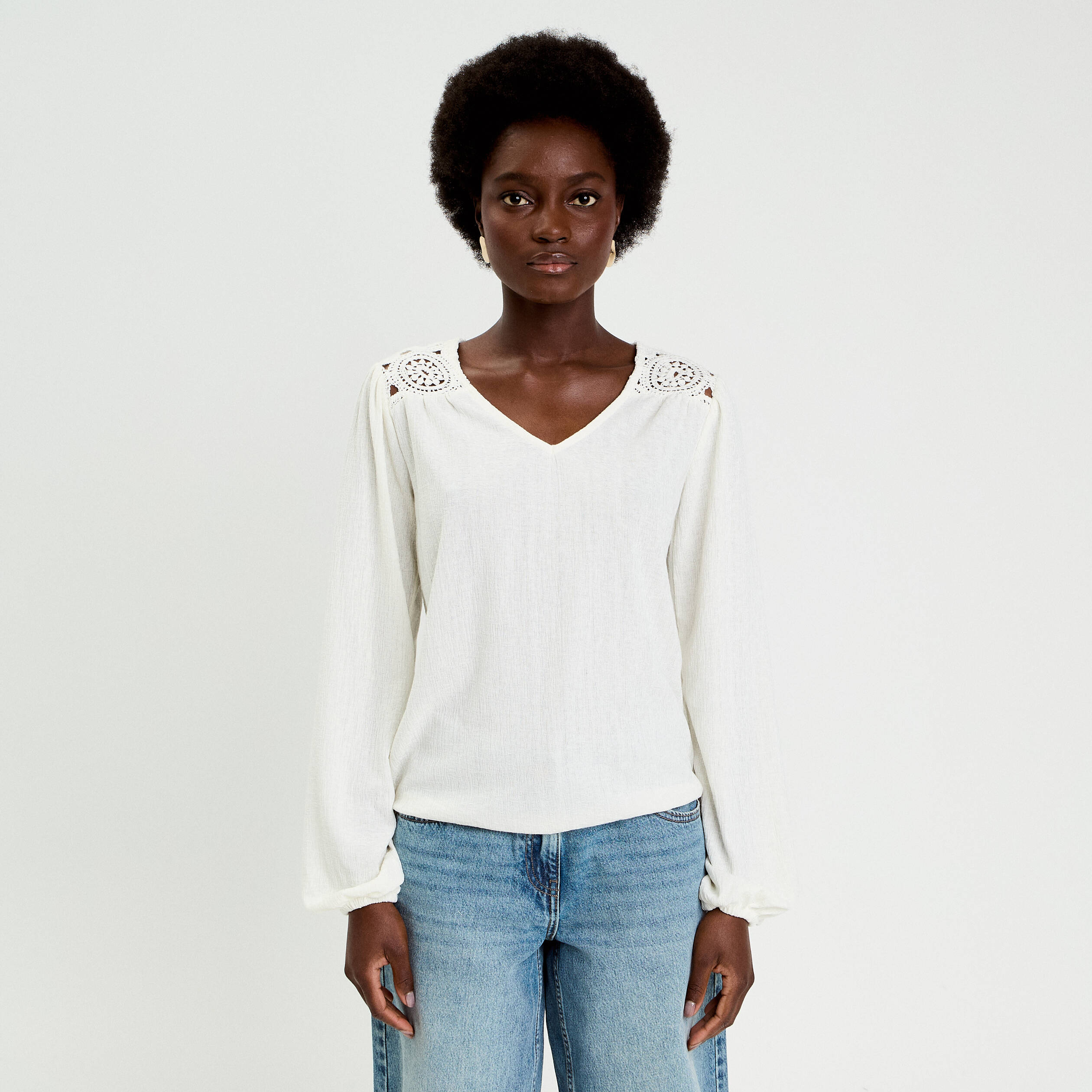 Blouse macram&eacute; bas &eacute;lastiqu&eacute; ecru femme