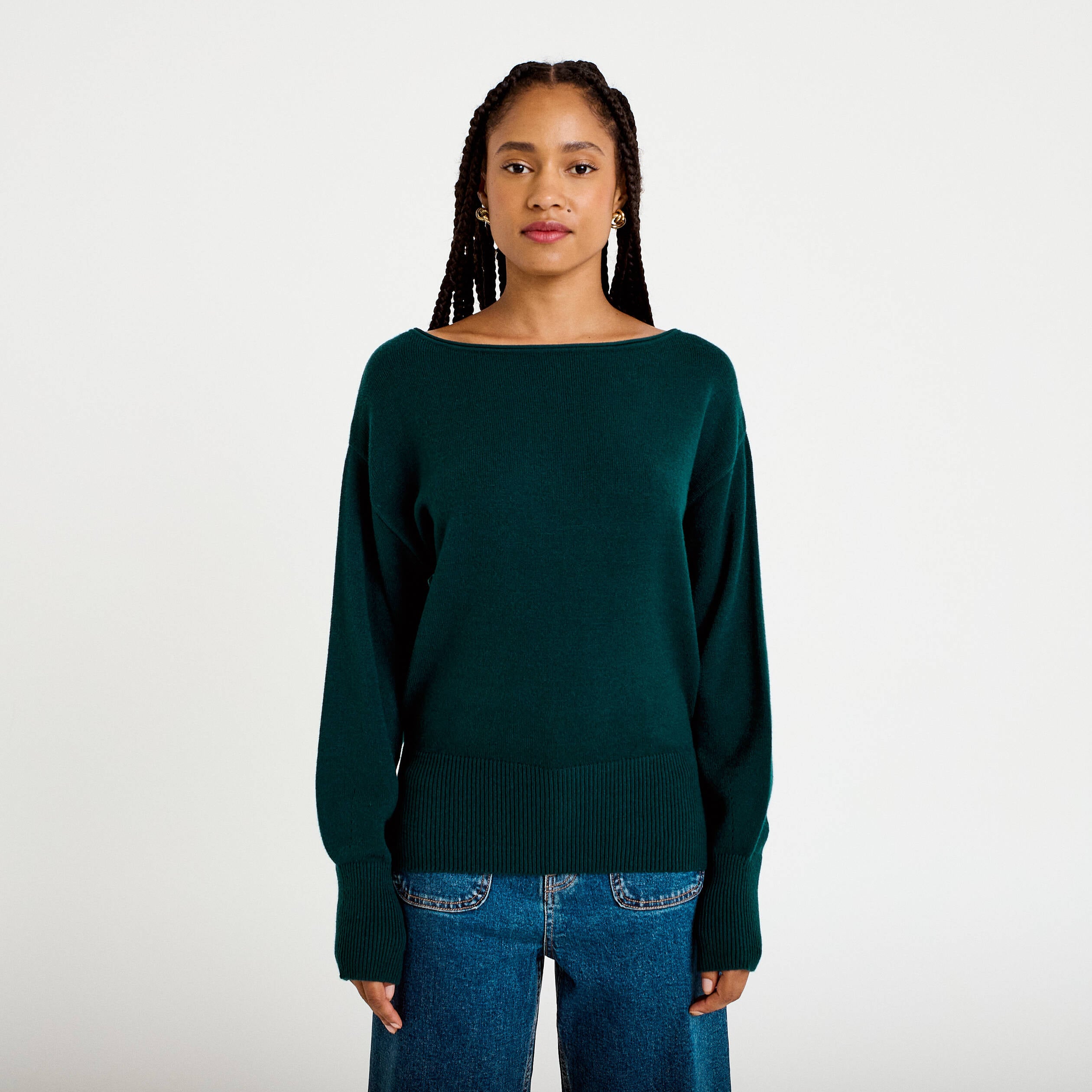 Pull oversize col bateau manches longues vert fonc&eacute; femme