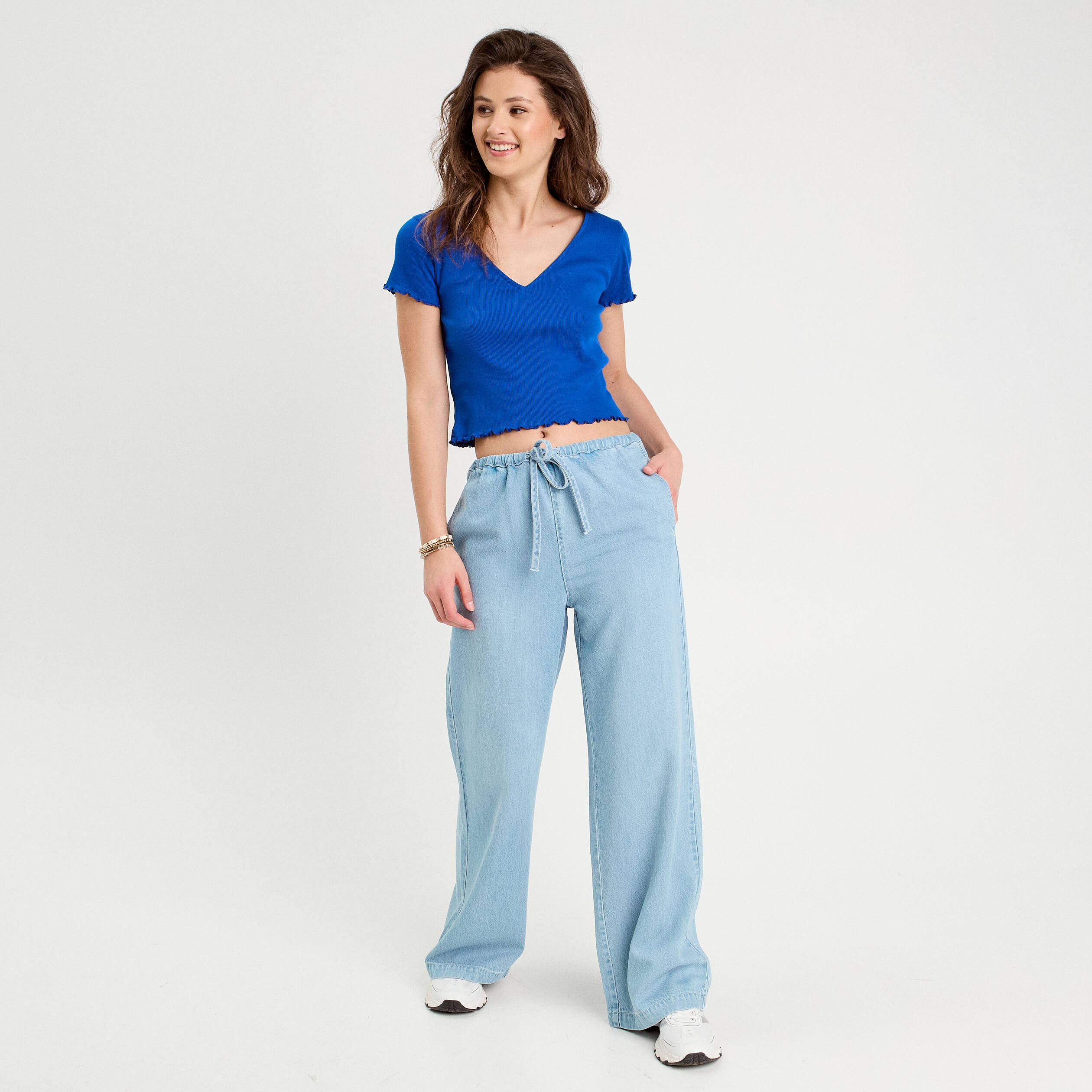T-shirt côtelé manches courtes bleu electrique femme
