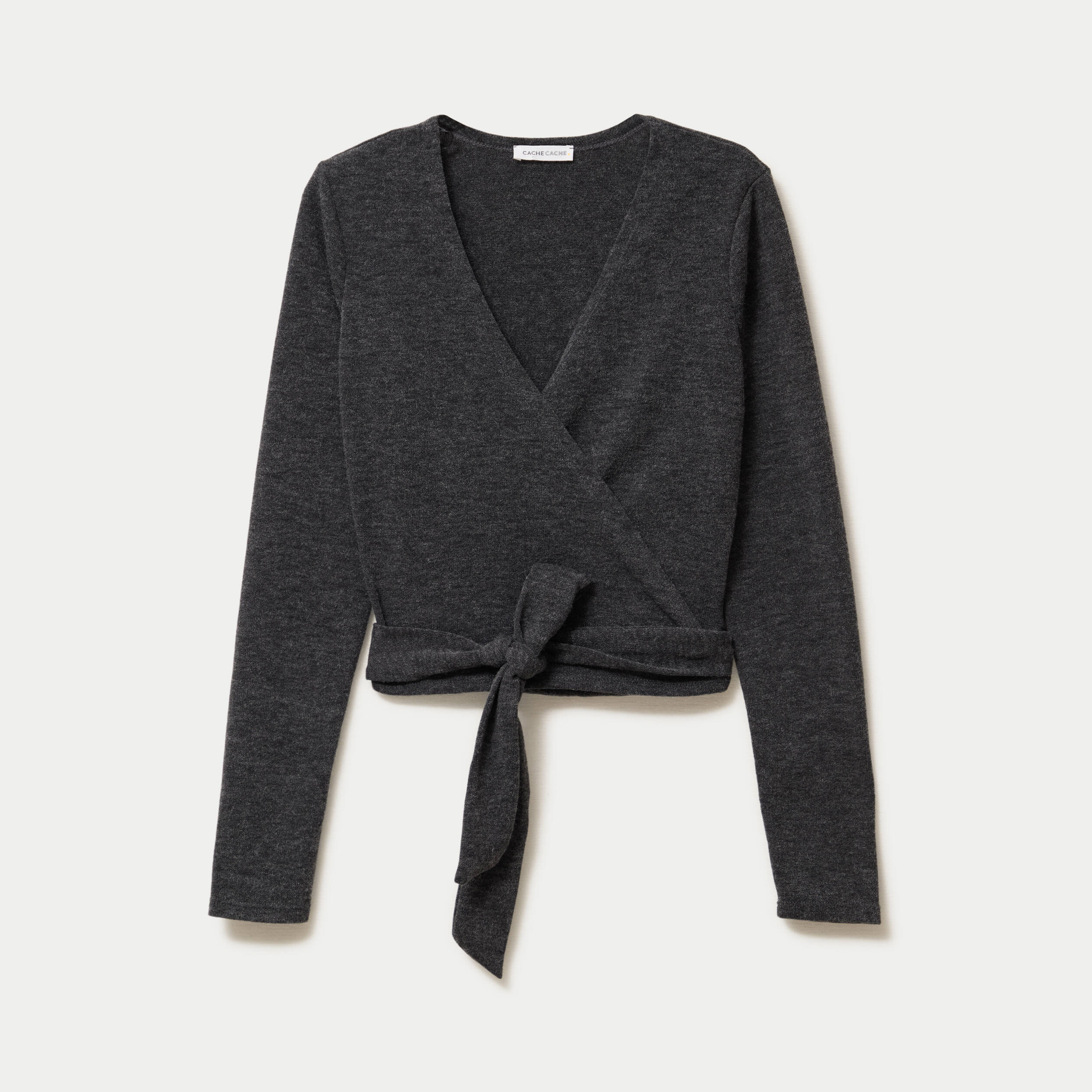 Cache-coeur droit manches longues gris fonc&eacute; femme