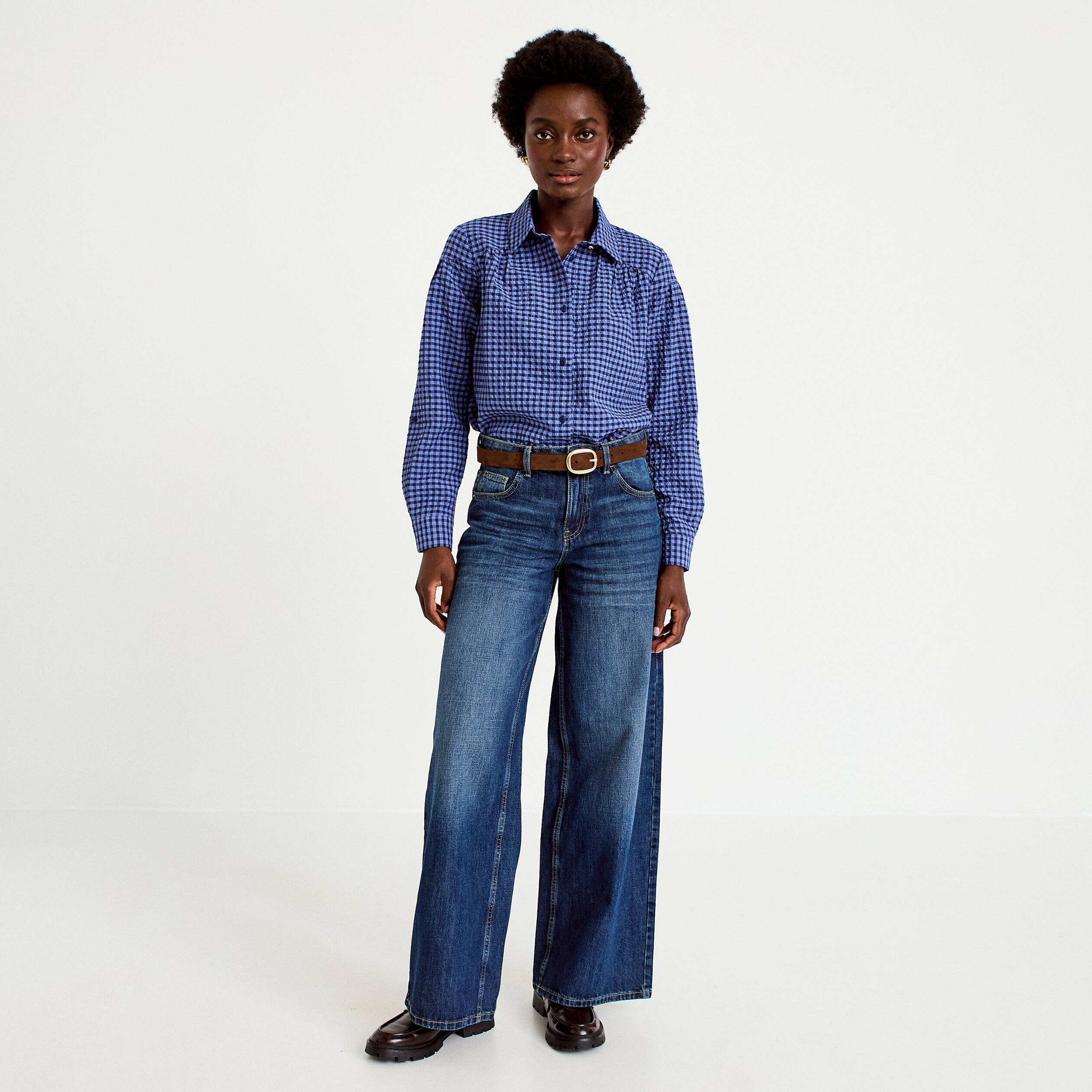 Chemise ample manches longues vichy bleu femme