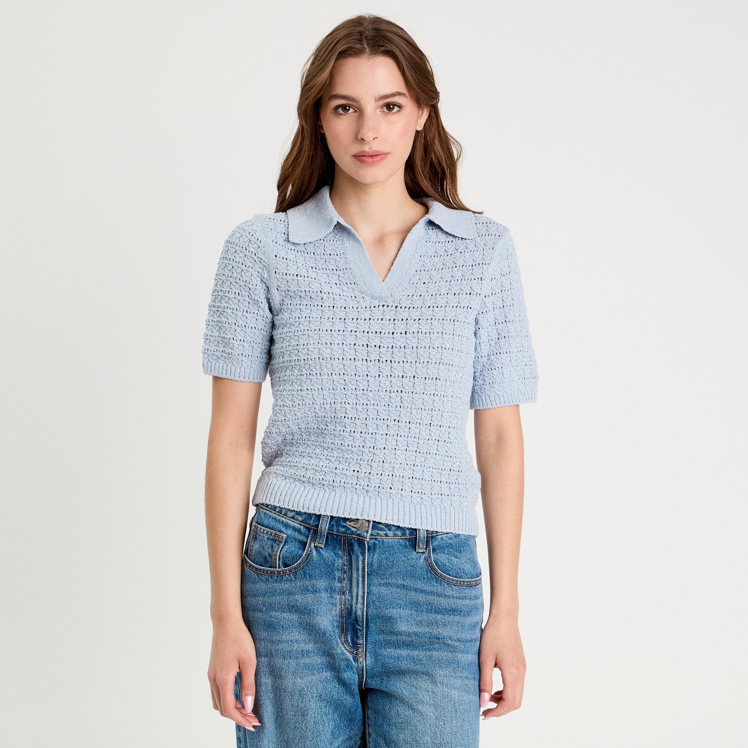 polo manches courtes ajoure denim snow gris femme Polo manches courtes ajouré denim snow gris femme