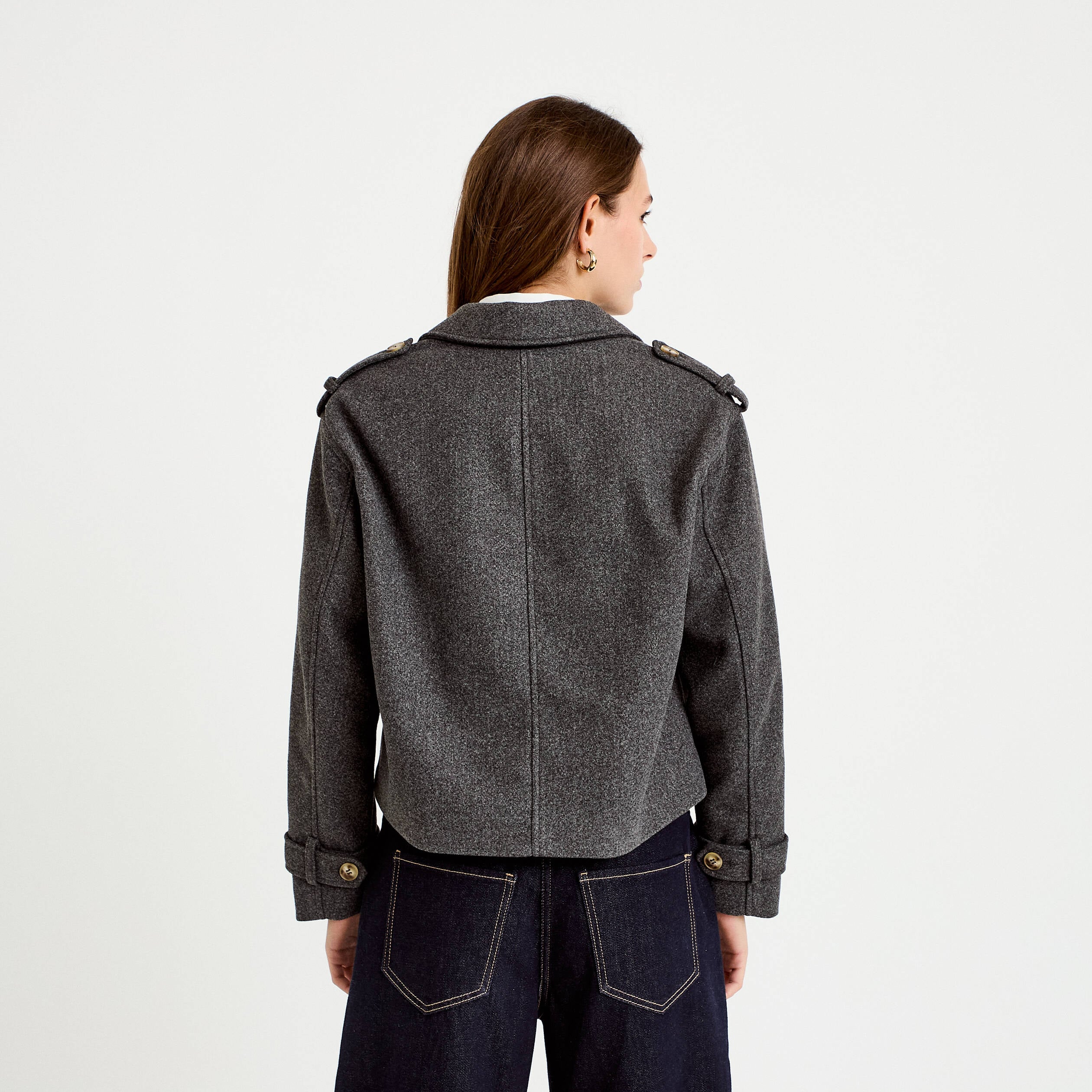 Trench droit court col tailleur gris femme
