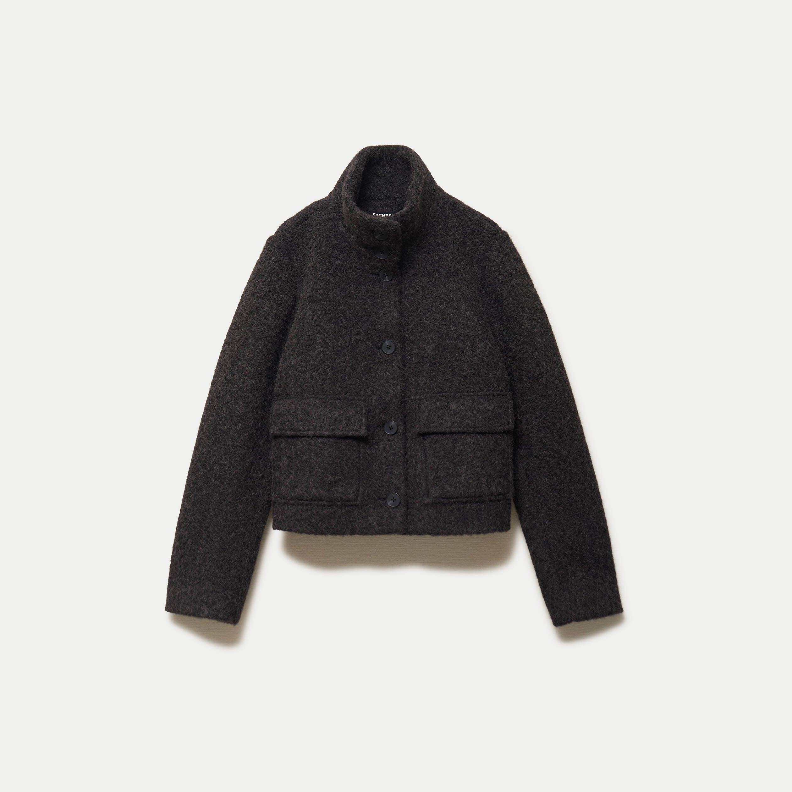 Veste droite bouclette col montant gris fonc&eacute; femme