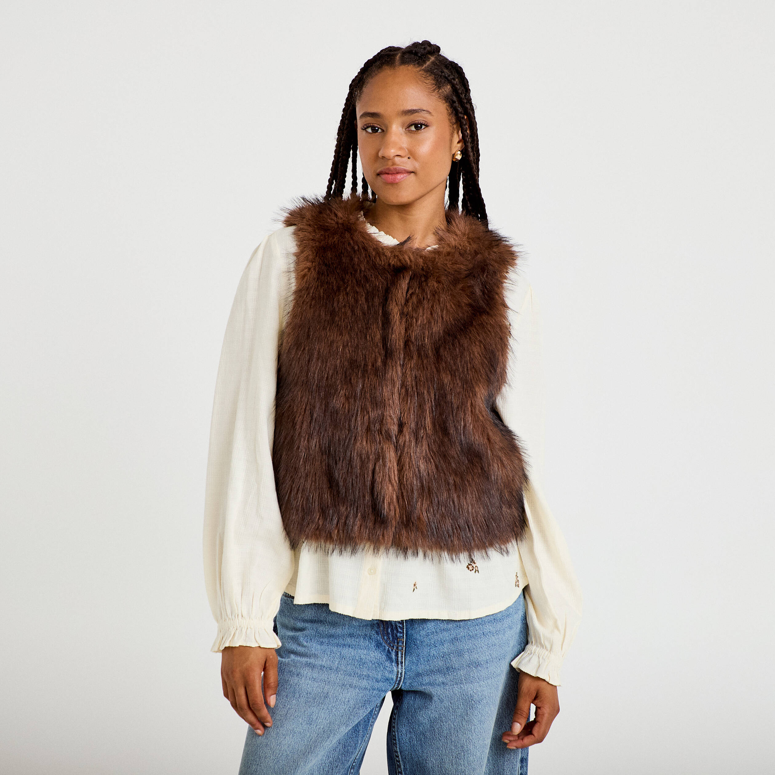 Gilet sans manches fausse fourrure marron femme