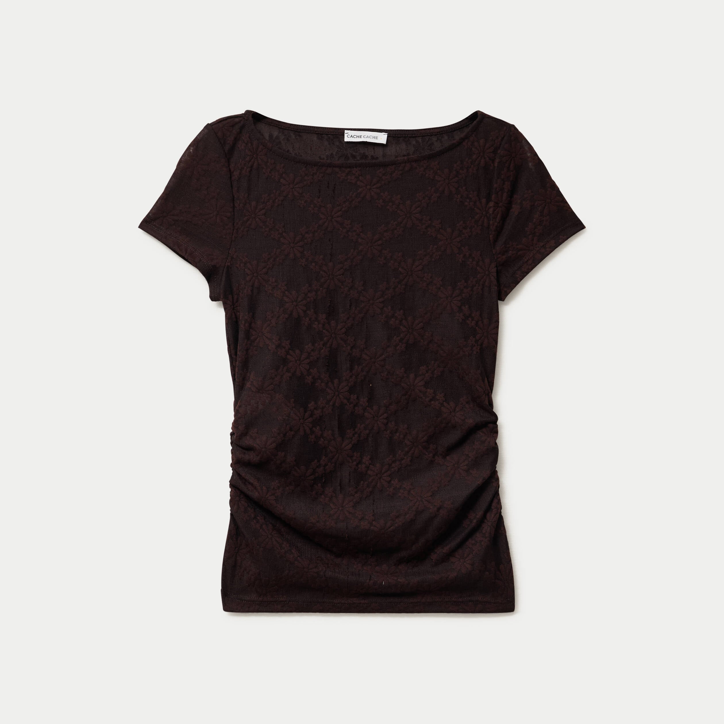 T-shirt ajust&eacute; dentelle col bateau marron fonc&eacute; femme