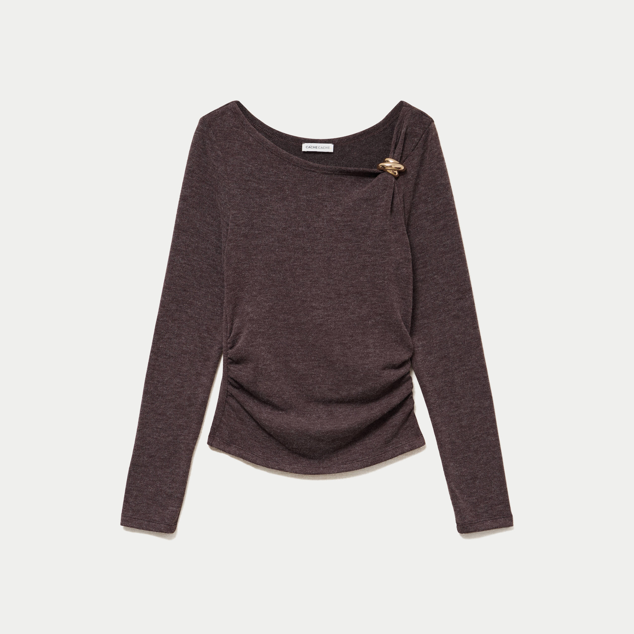 Top cintr&eacute; col bateau manches longues marron fonc&eacute; femme