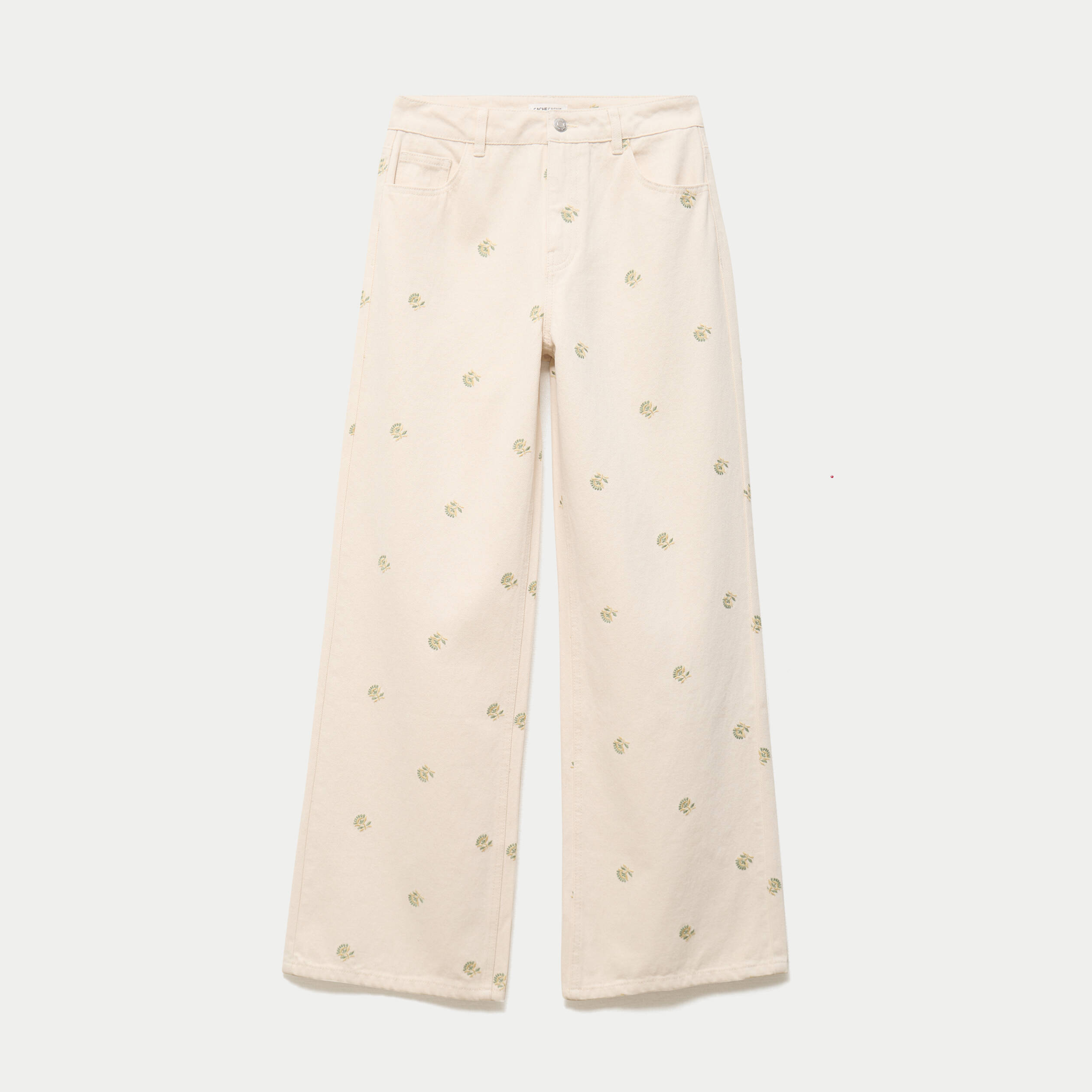 Jean wide leg taille haute brod&eacute; denim blanc femme