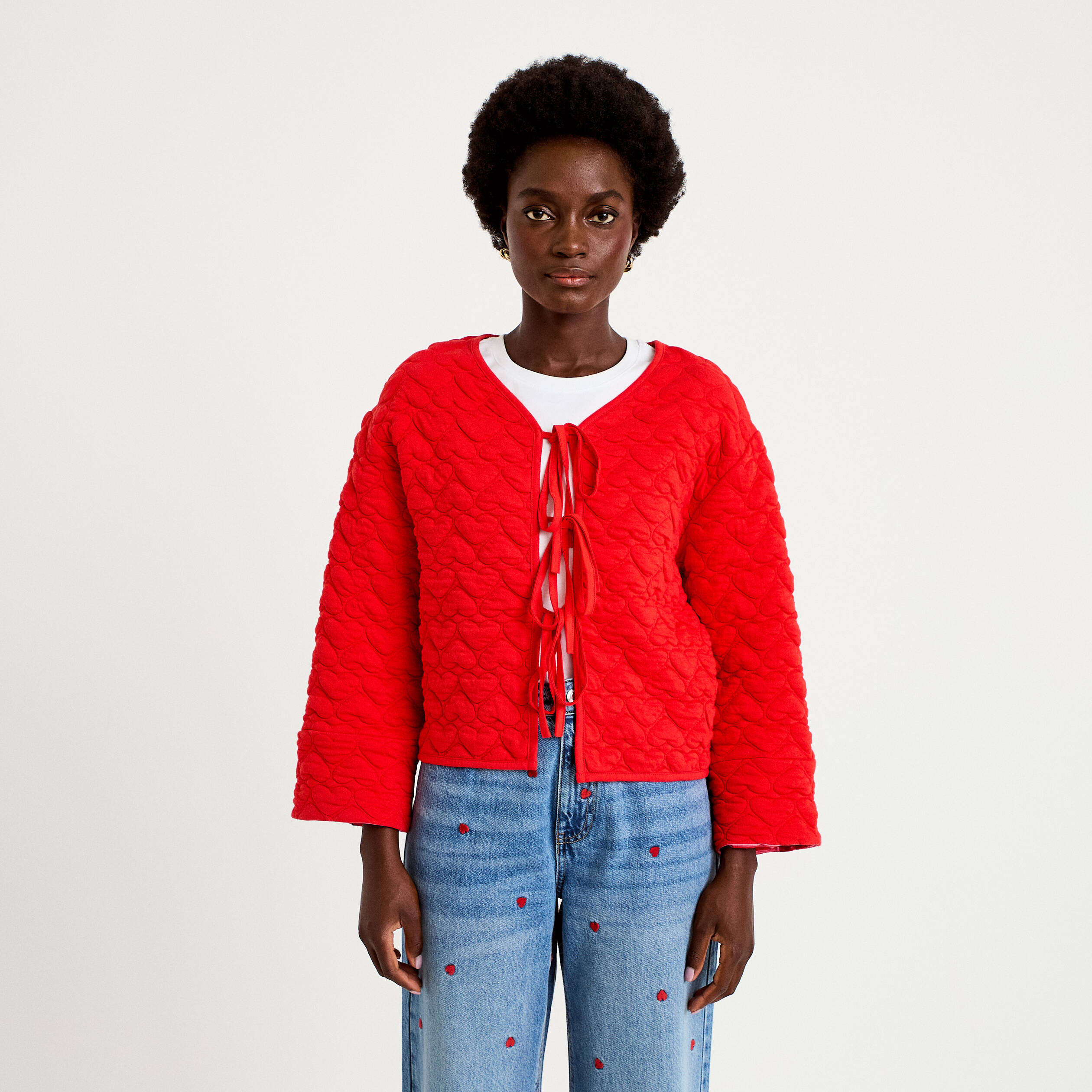 Gilet droit col v manches longues rouge femme