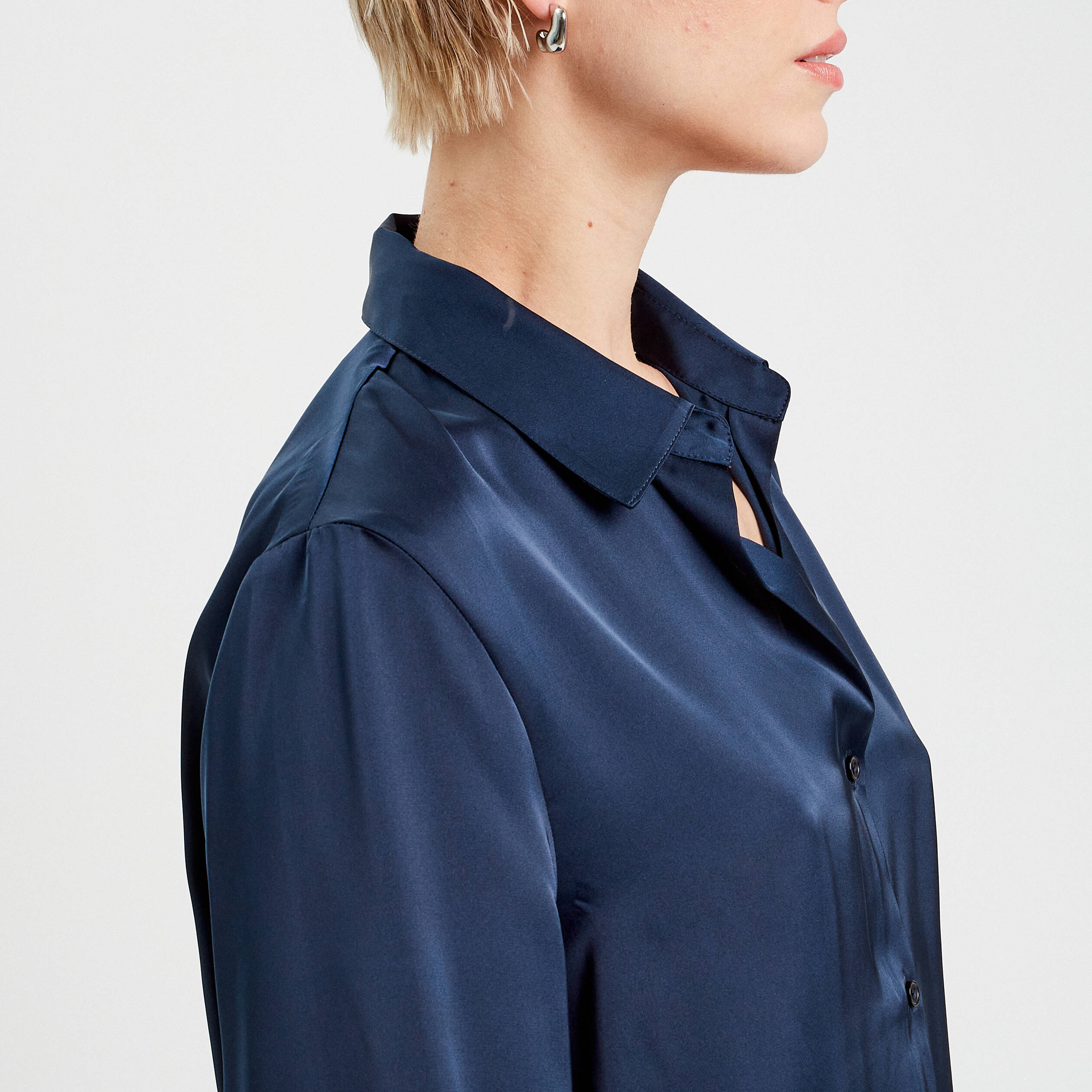 Chemise manches longues satin bleu marine femme Vibs