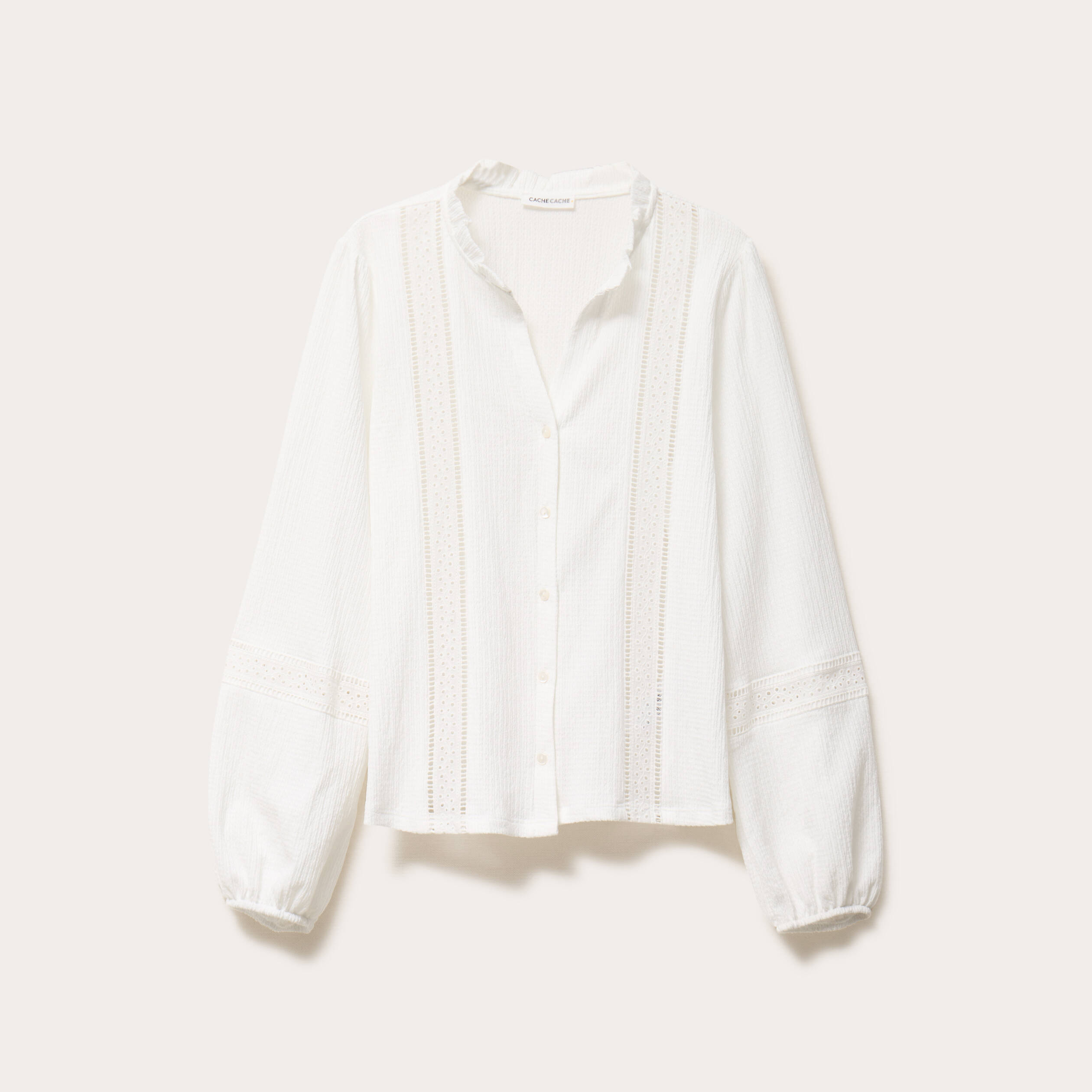 Blouse broderie col V manches longues ecru femme