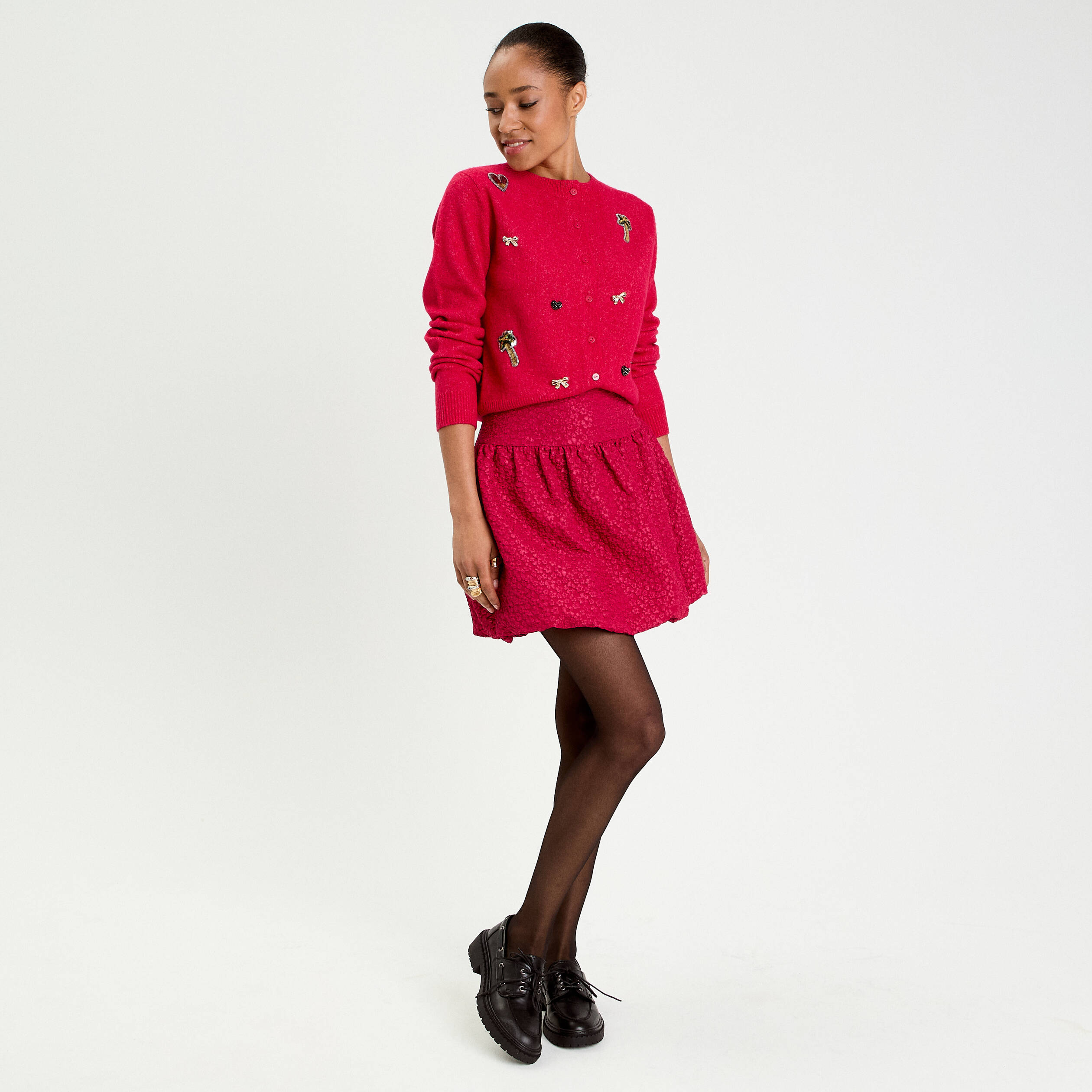 Gilet col rond manches longues rouge clair femme