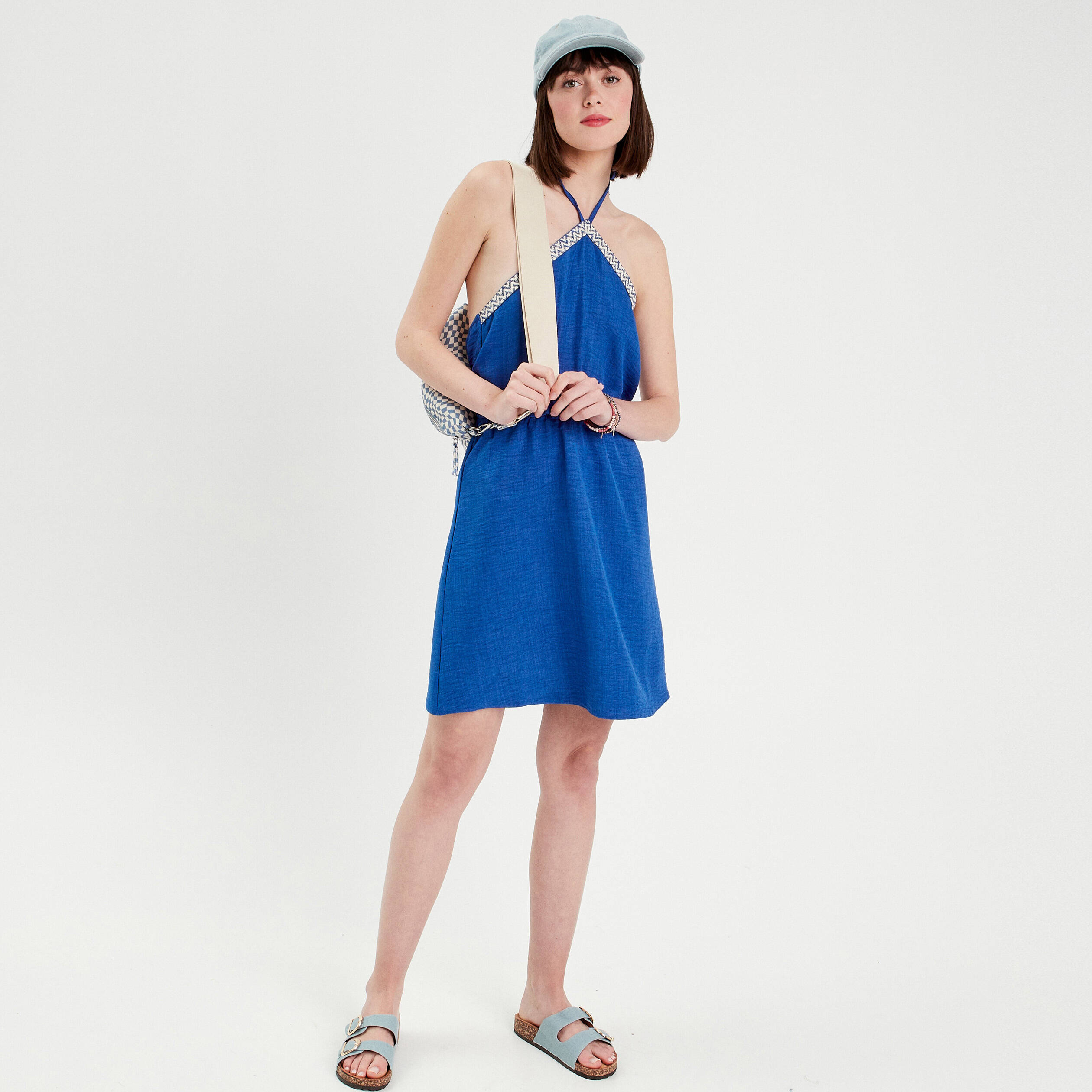 Robe &eacute;vas&eacute;e bretelles nou&eacute;es bleu electrique femme
