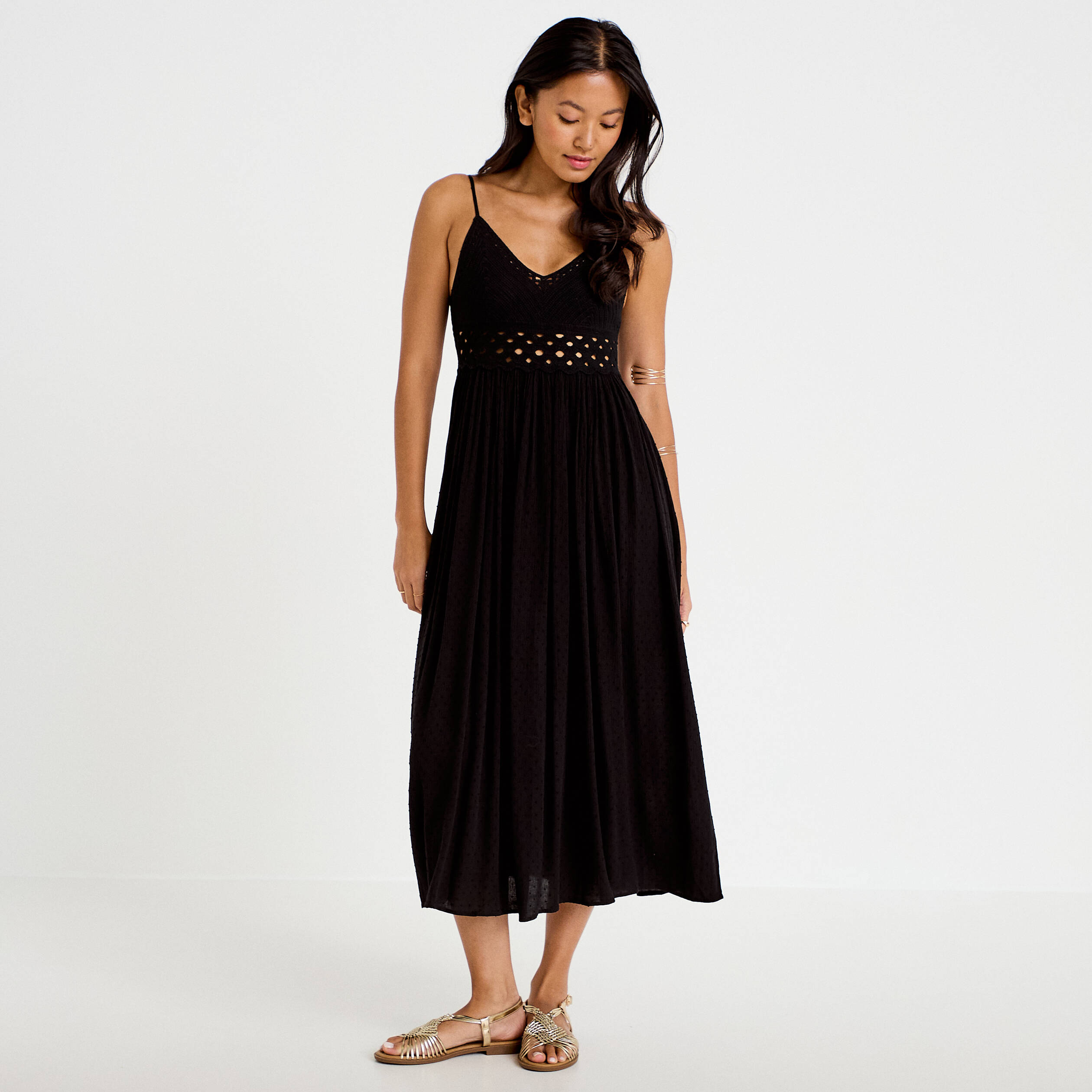 Robe longue bi-mati&egrave;re col v noir femme