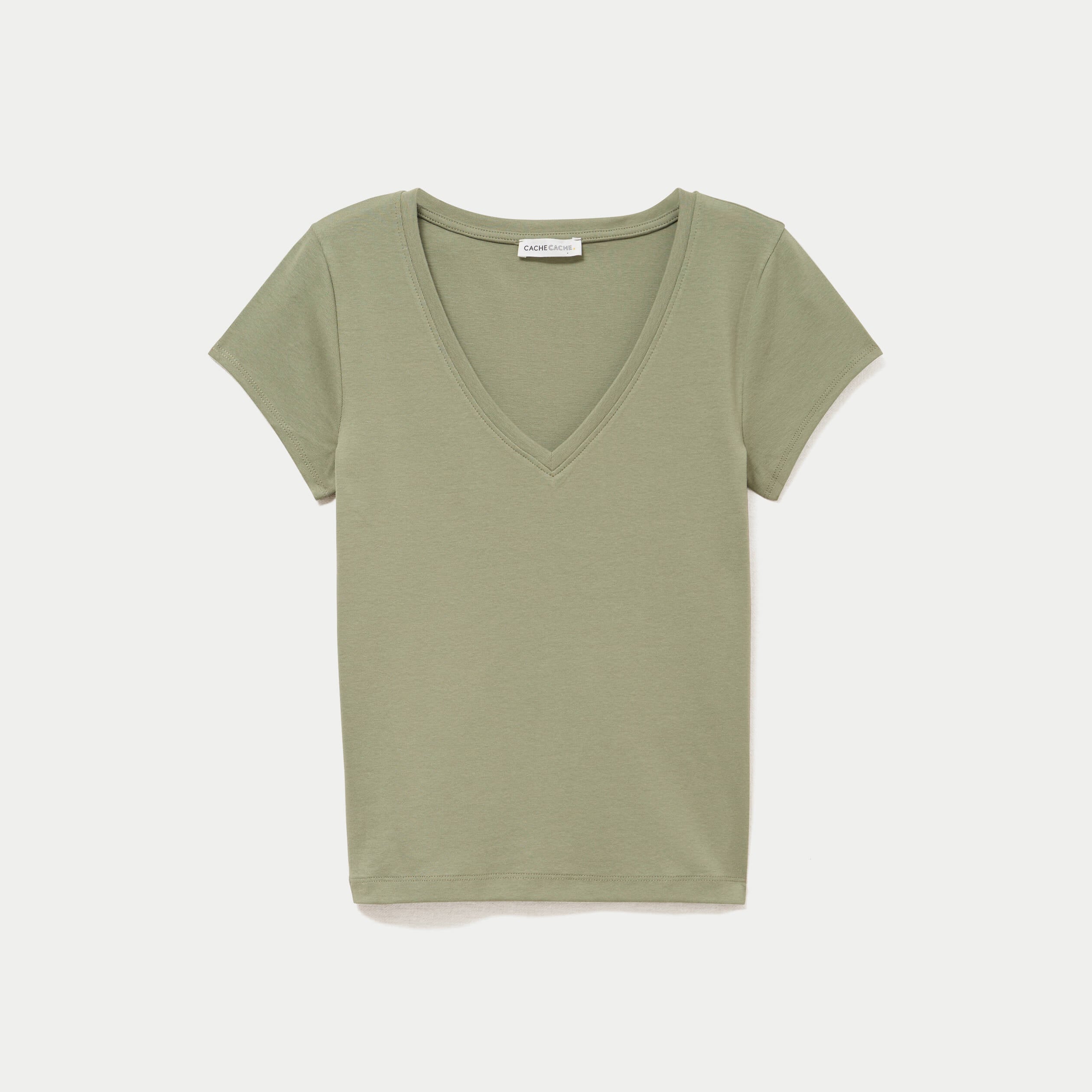 T-shirt ajust&eacute; col v manches courtes vert kaki femme