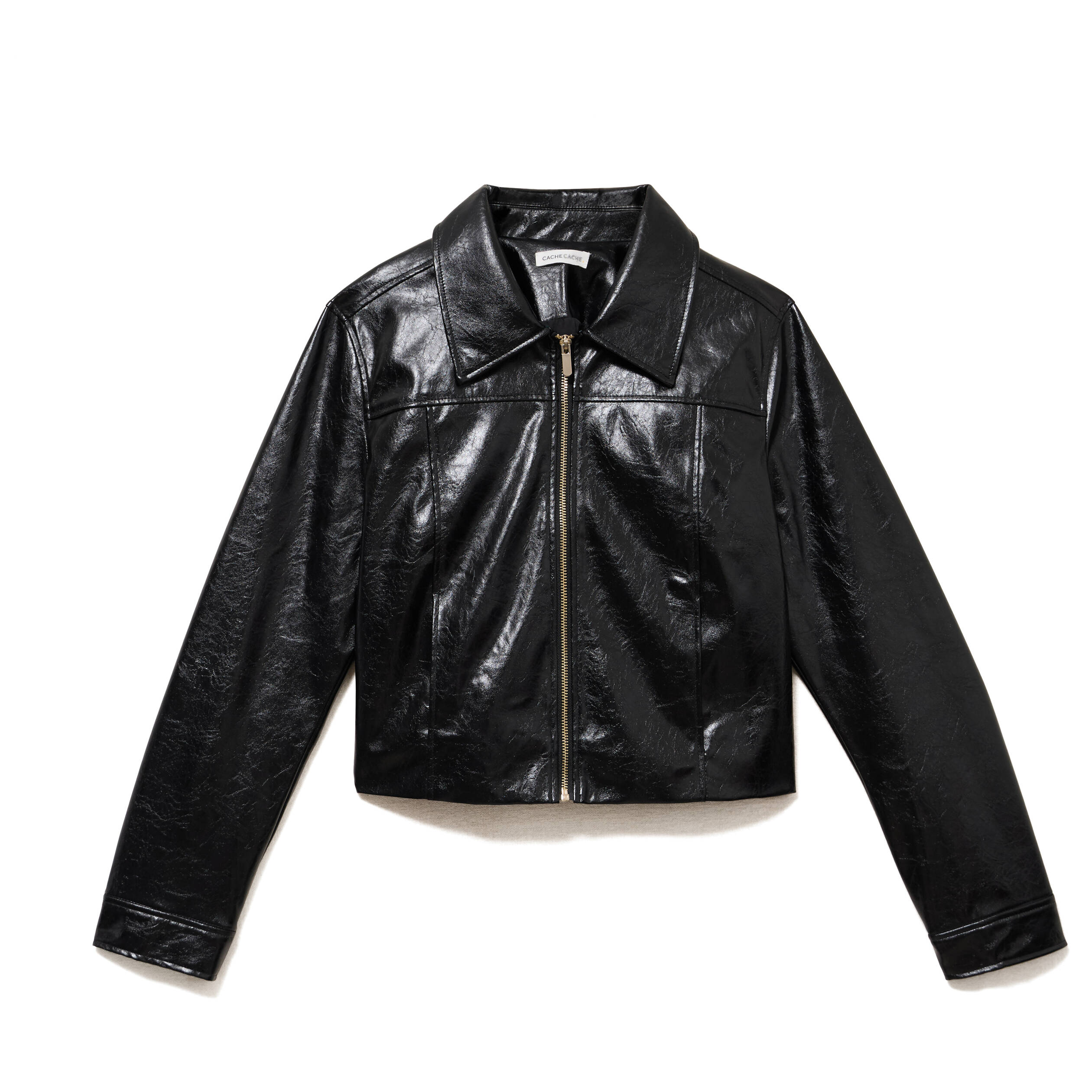 Veste droite cropped en similicuir noir femme