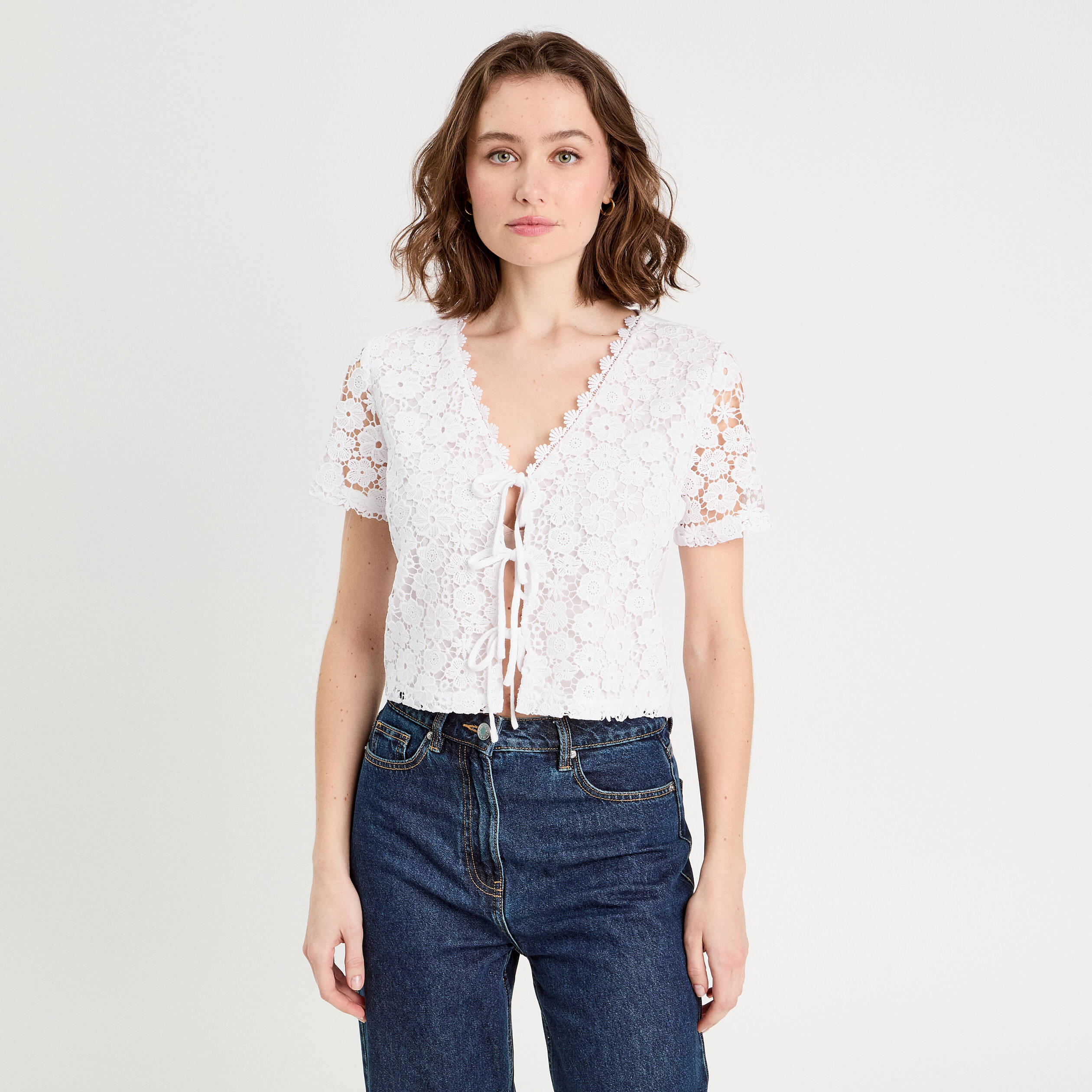 t shirt noue dentelle guipure blanc femme T-shirt noué dentelle guipure blanc femme