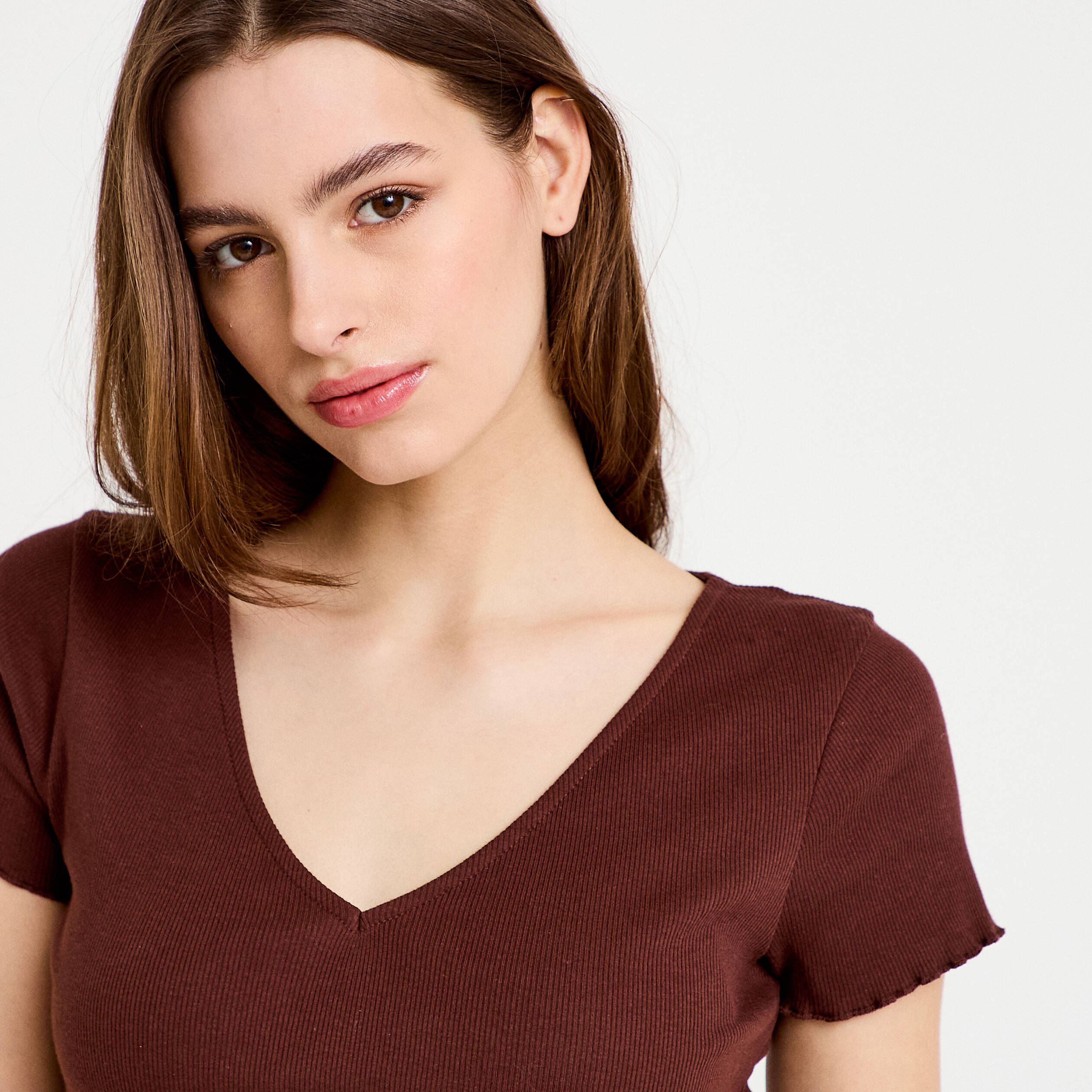 T-shirt c&ocirc;tel&eacute; manches courtes marron femme