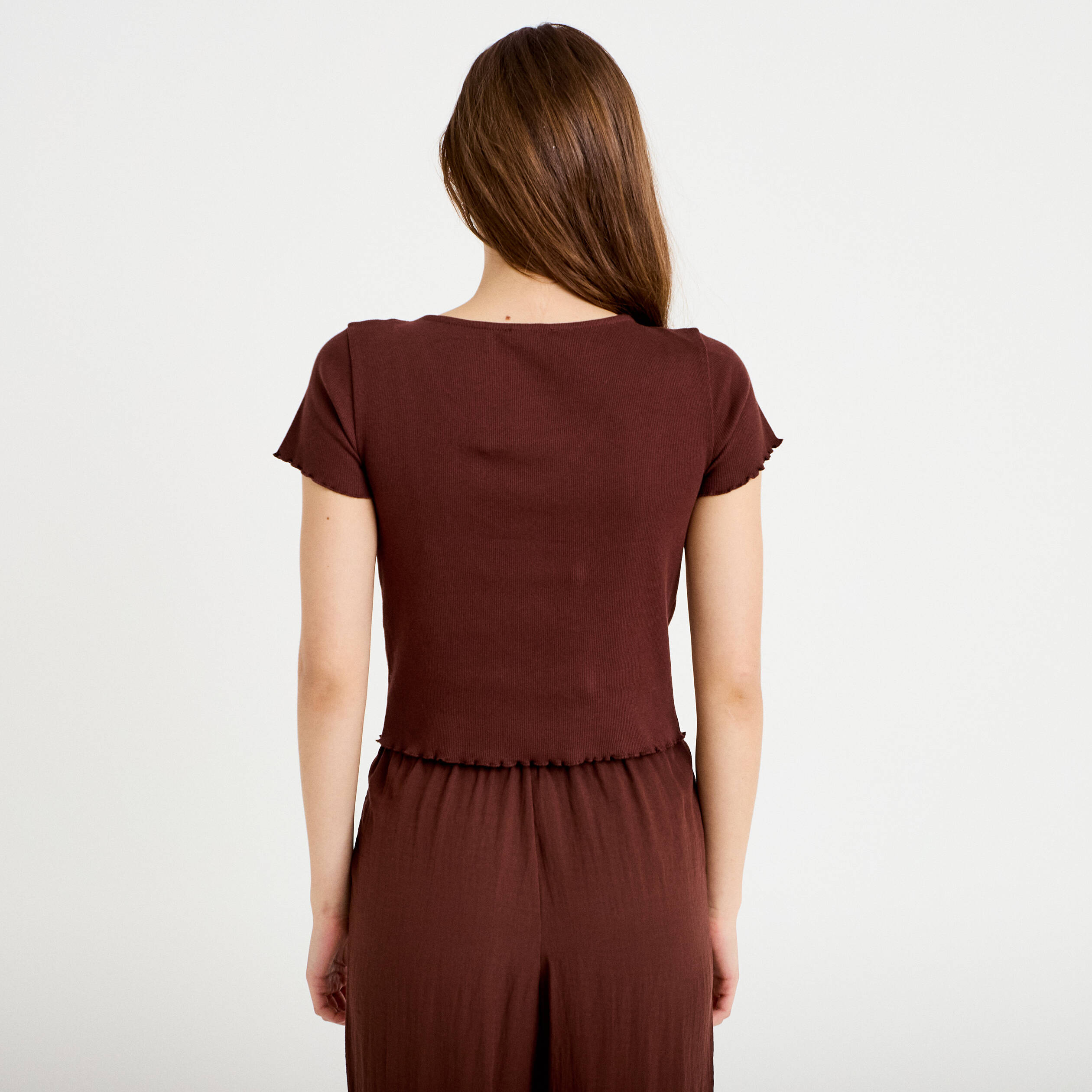 T-shirt c&ocirc;tel&eacute; manches courtes marron femme