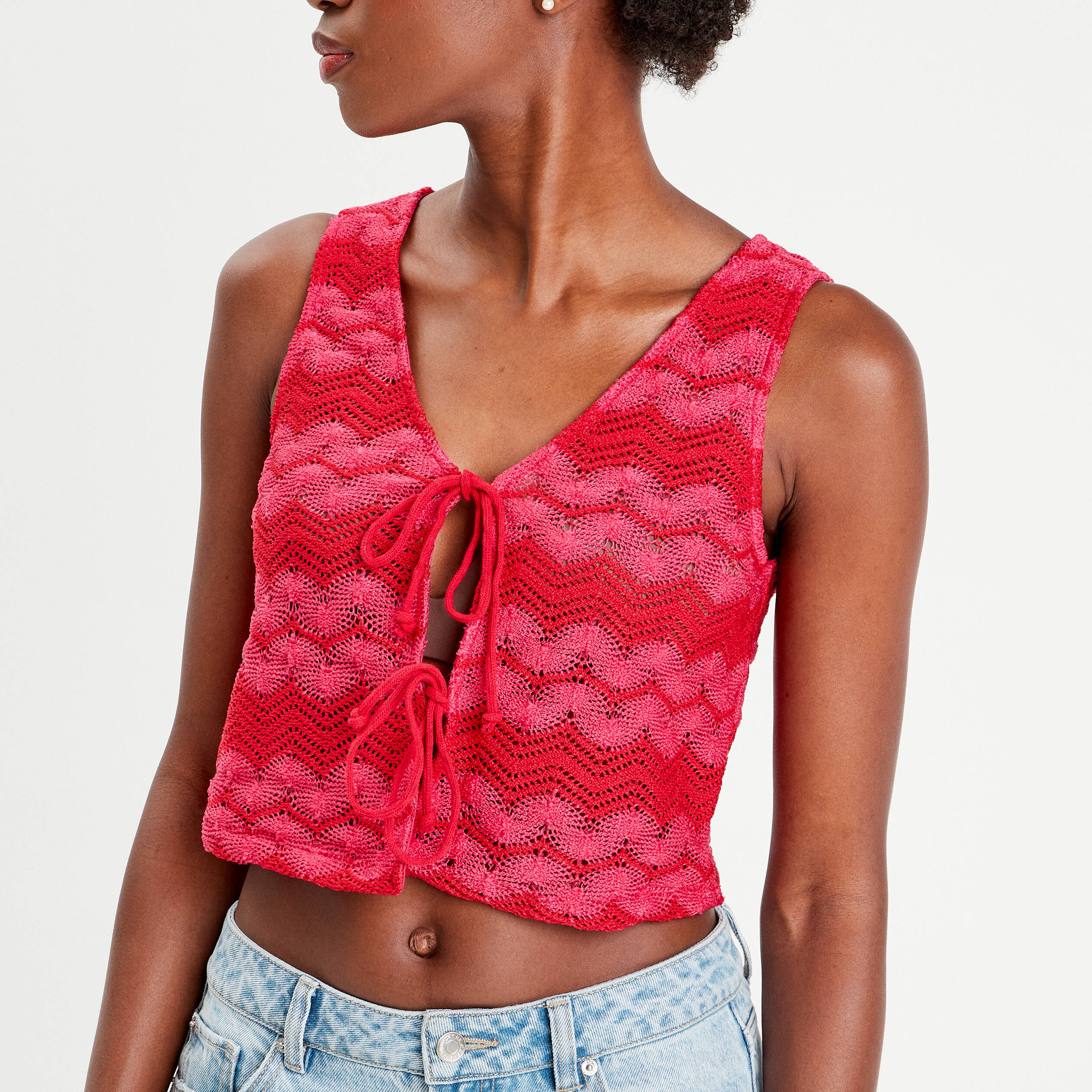 gilet cropped crochet rose fushia femme Gilet cropped crochet rose fushia femme