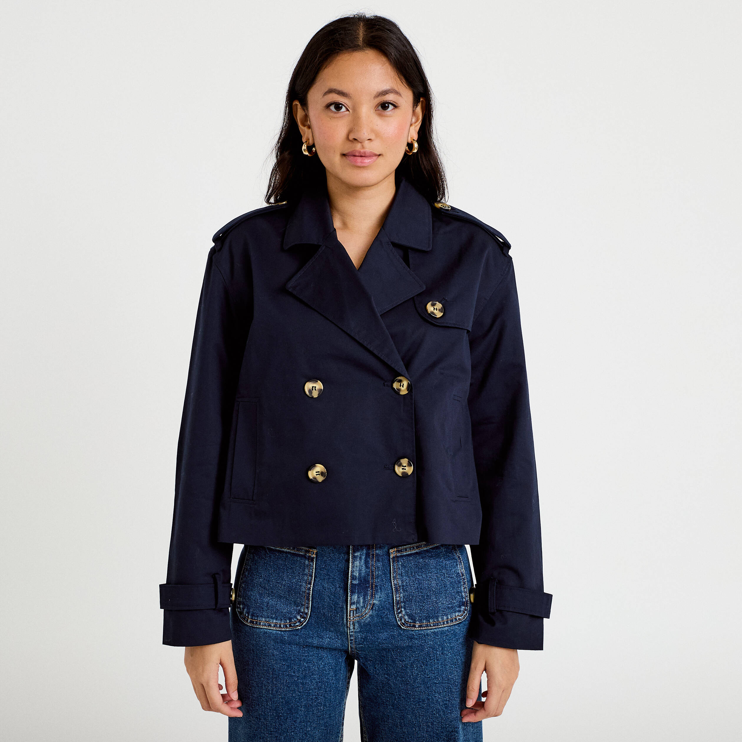 Trench droit court col tailleur bleu marine femme