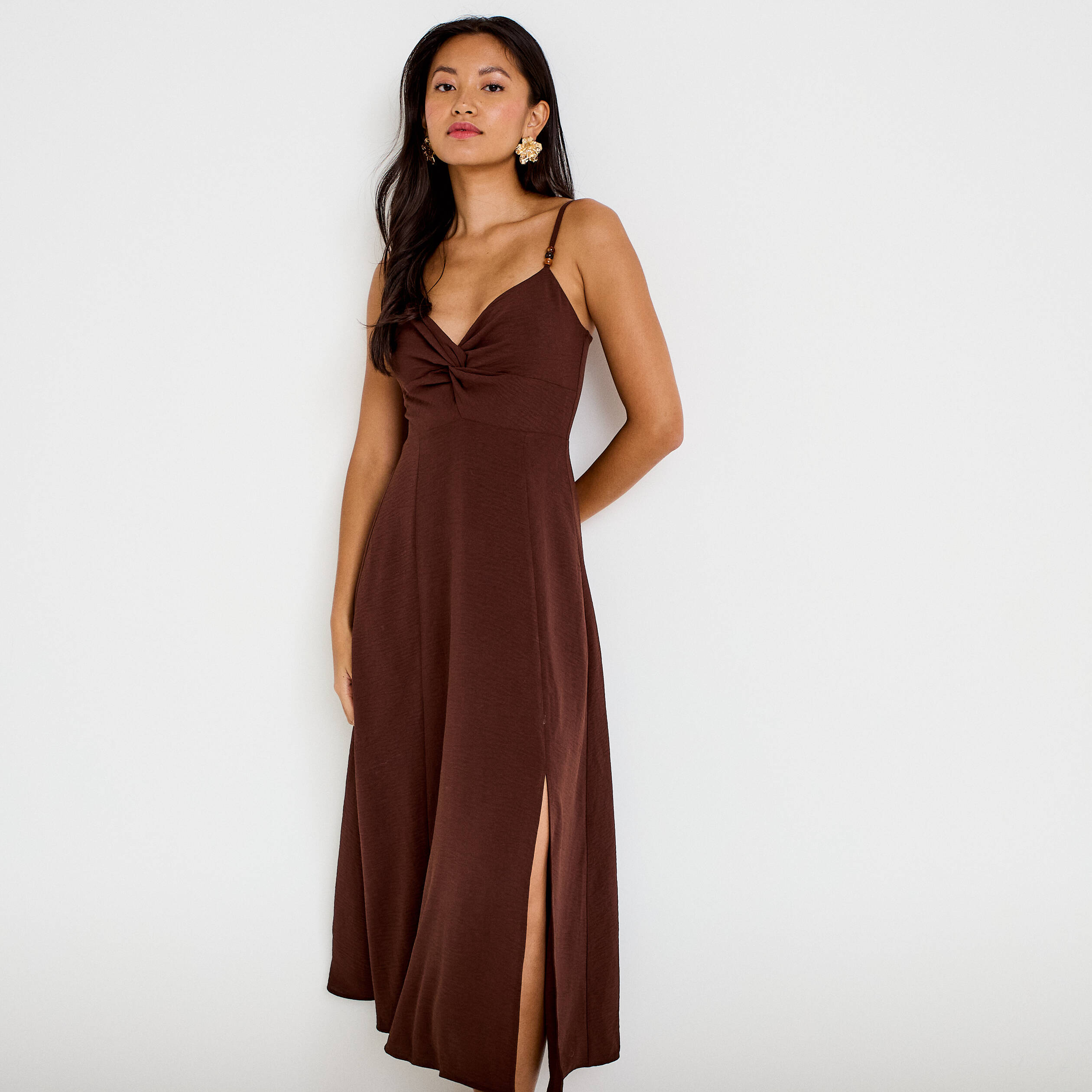 Robe longue &eacute;vas&eacute;e fendue marron femme