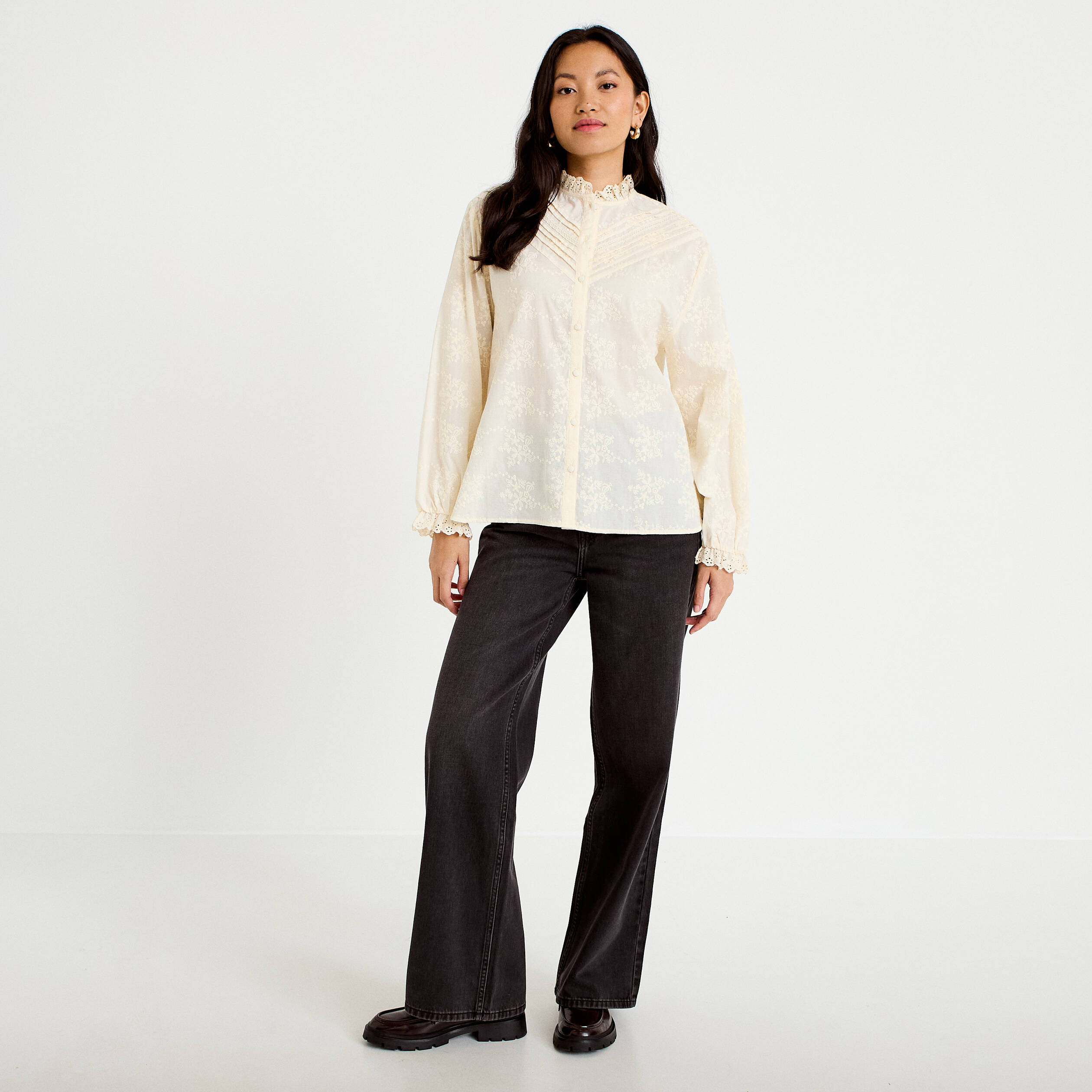 Blouse ample col montant manches longues ivoire femme