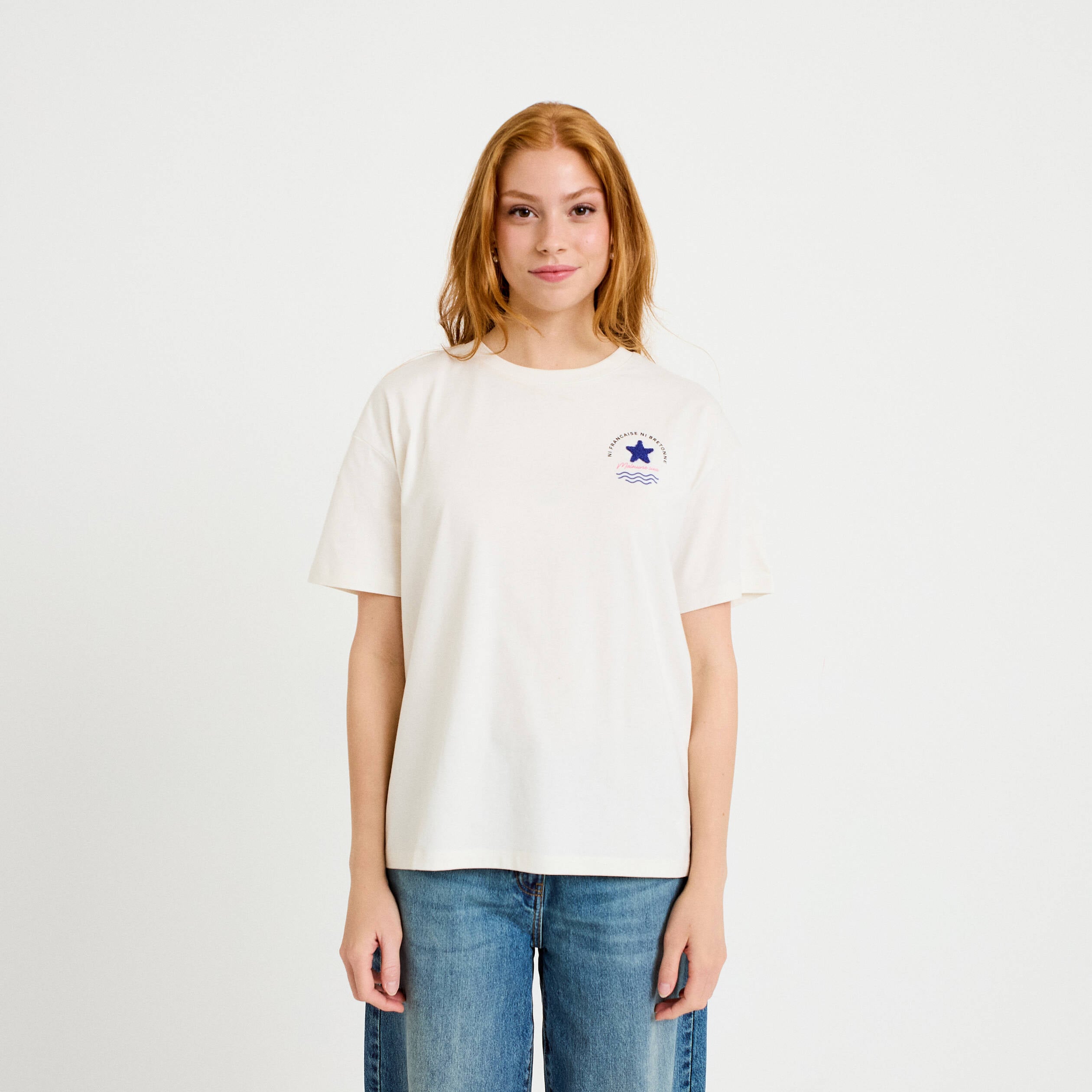 T-shirt col rond manches courtes ecru femme