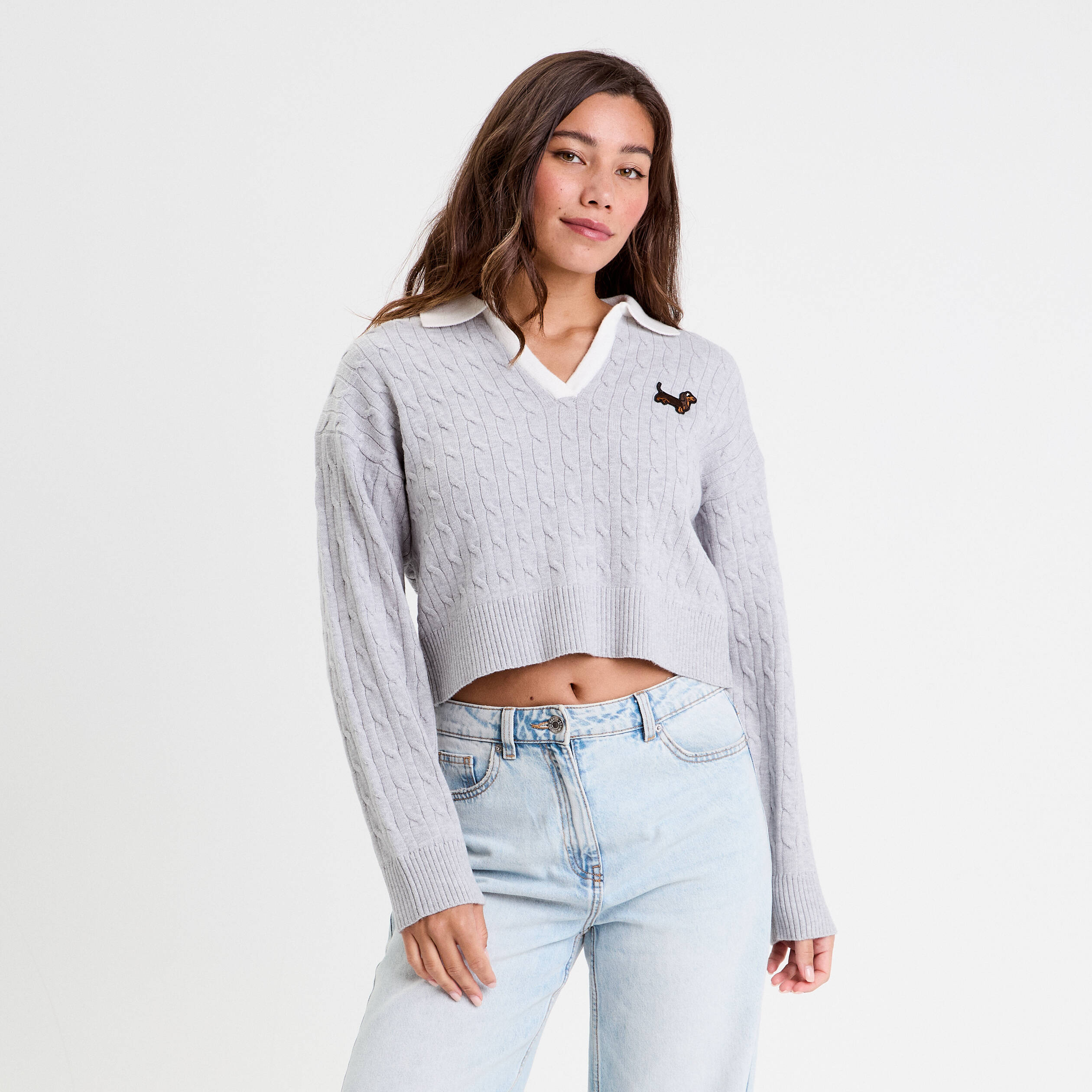 pull manches longues col polo gris clair femme Pull manches longues col polo gris clair femme