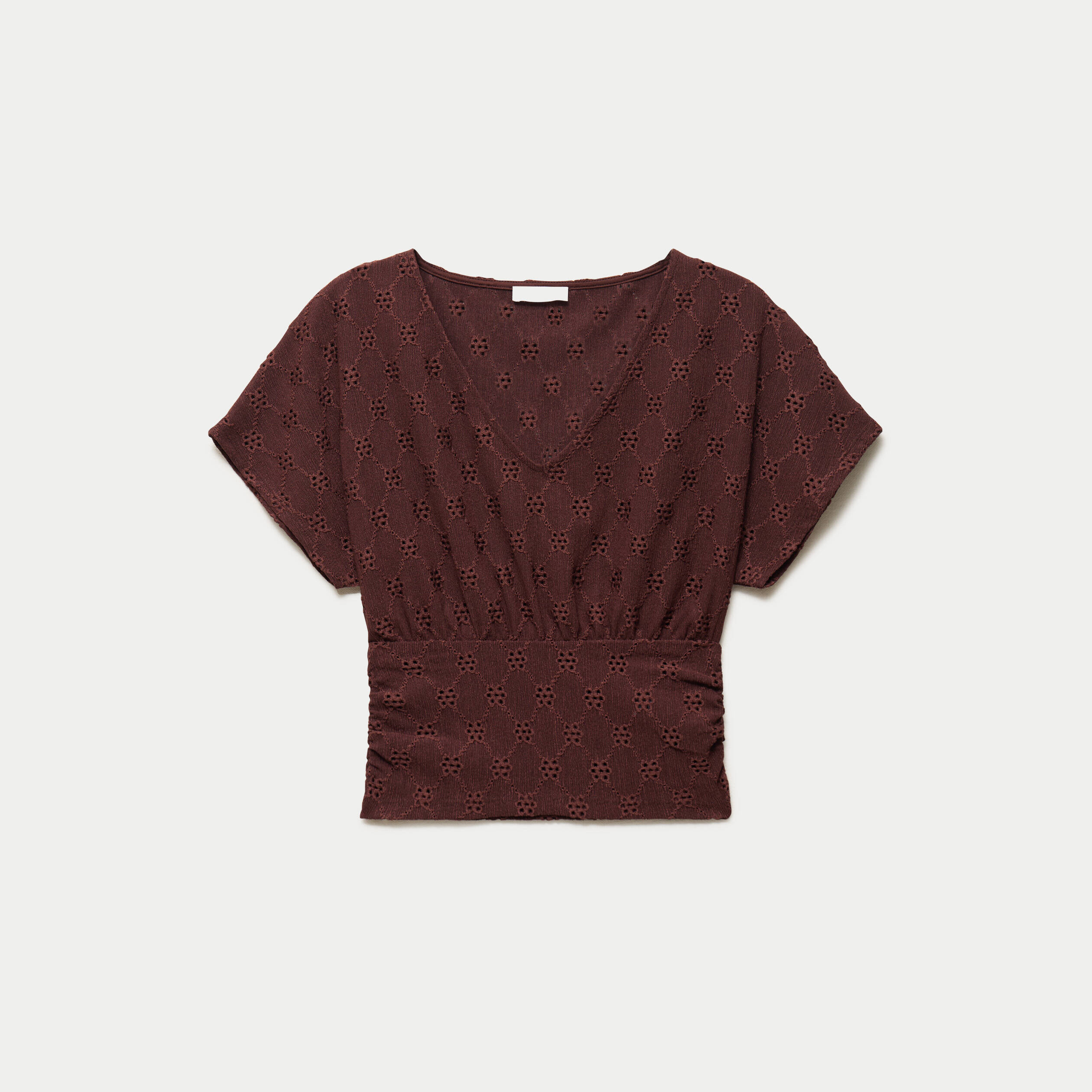 T-shirt ajour&eacute; col v manches courtes marron femme