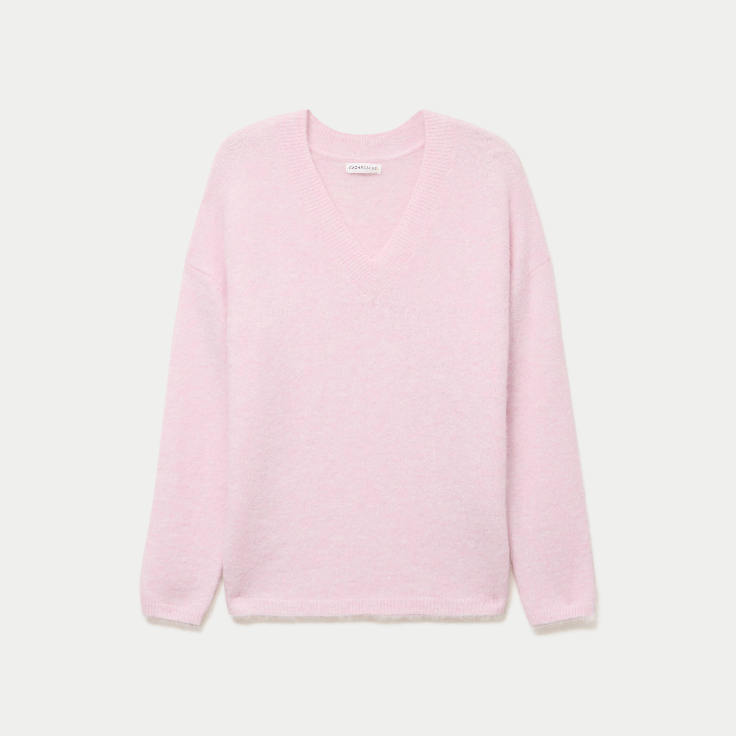 Pull col v manches longues rose clair femme