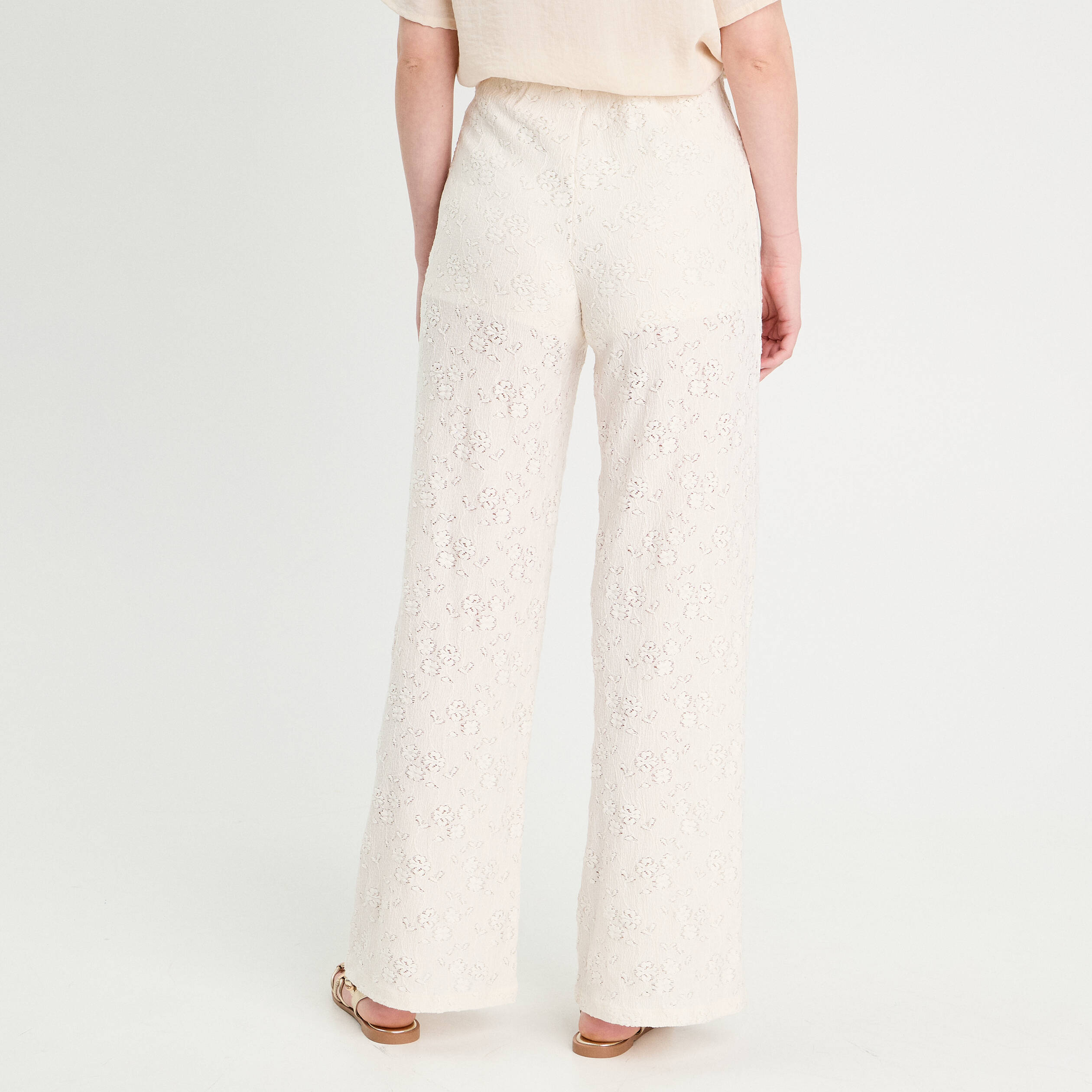 Pantalon large ajouré ecru femme