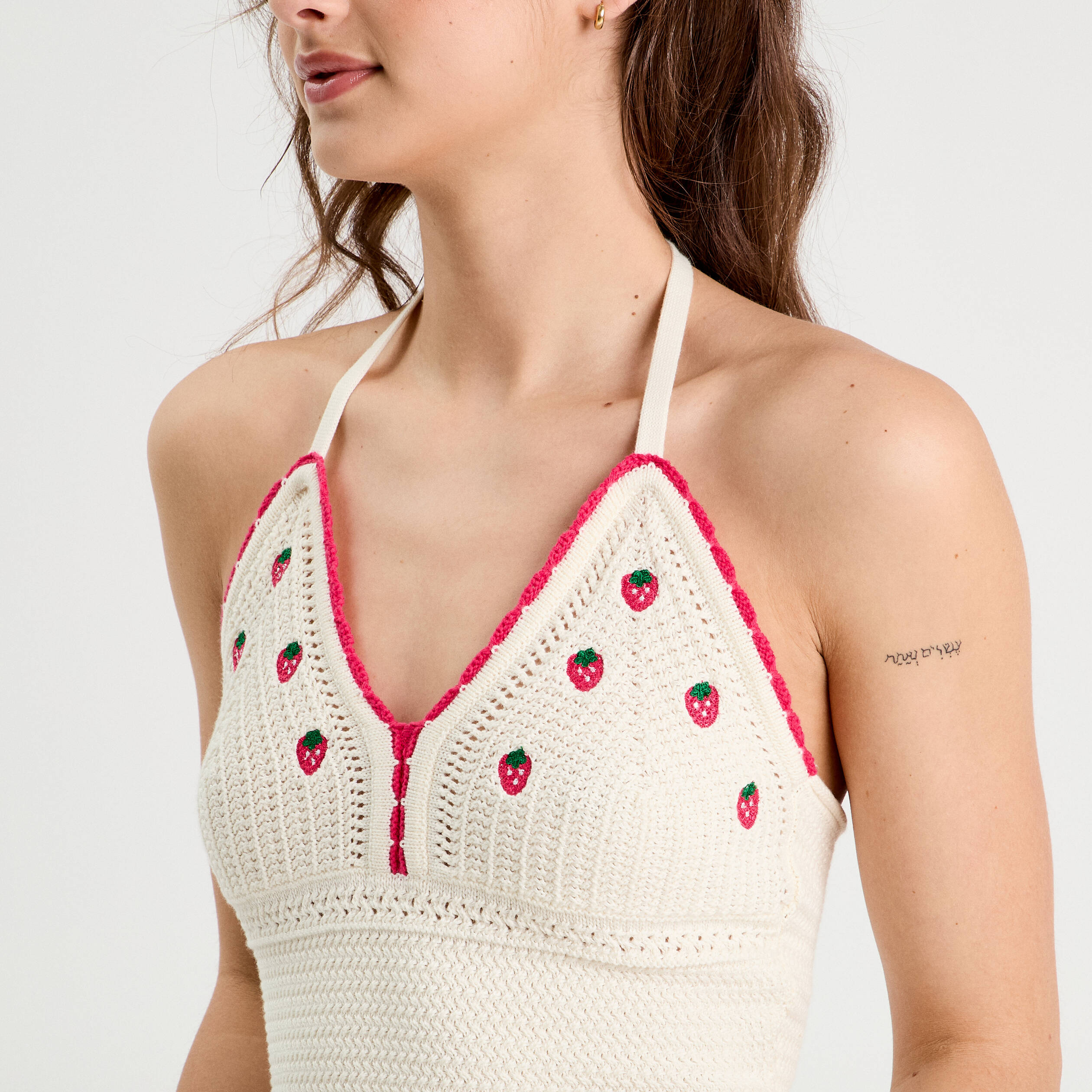Crop top tricot brod&eacute; ecru femme